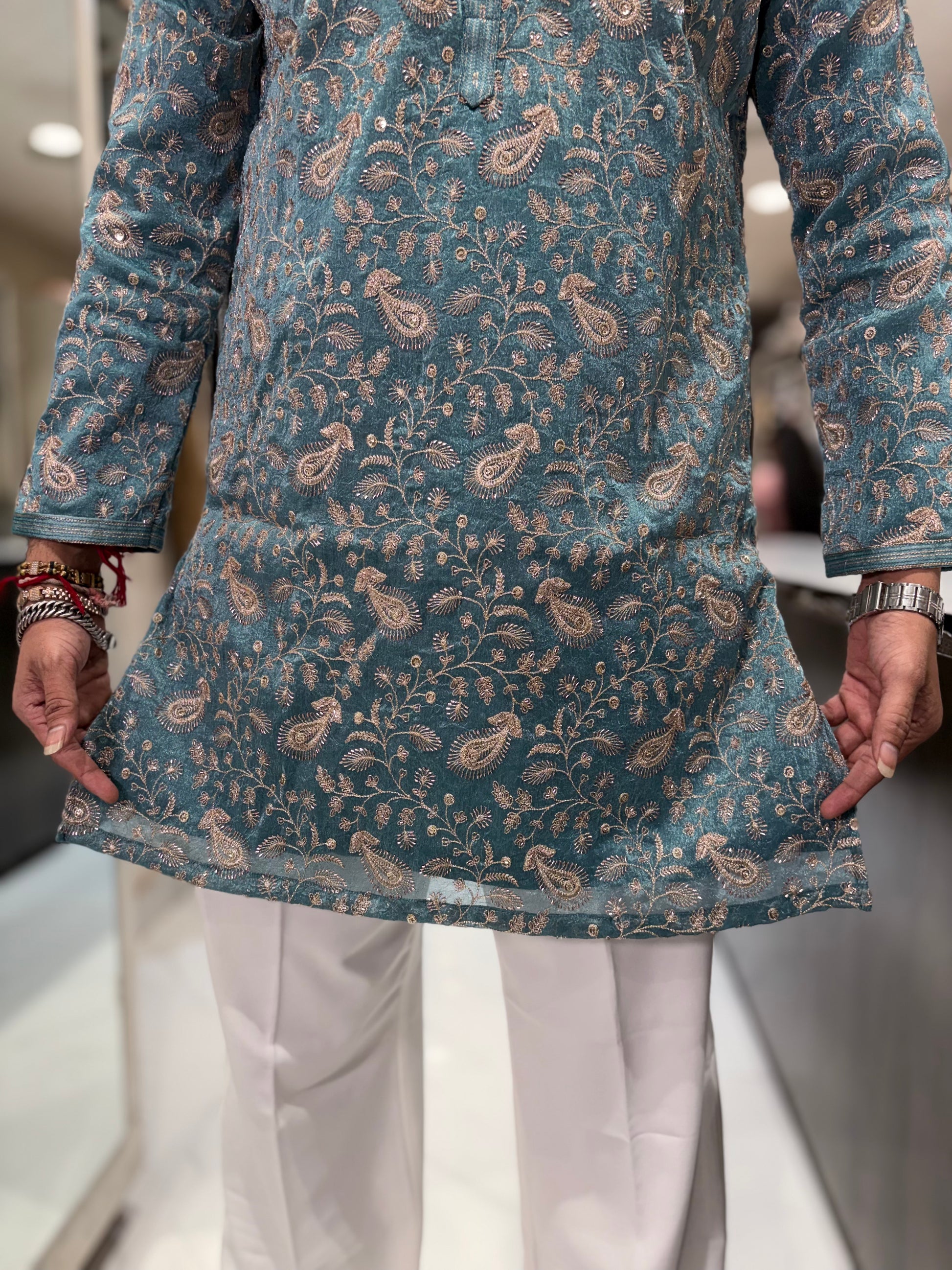 Premium Embroidered Silk Kurta with Intricate Paisley Floral Work