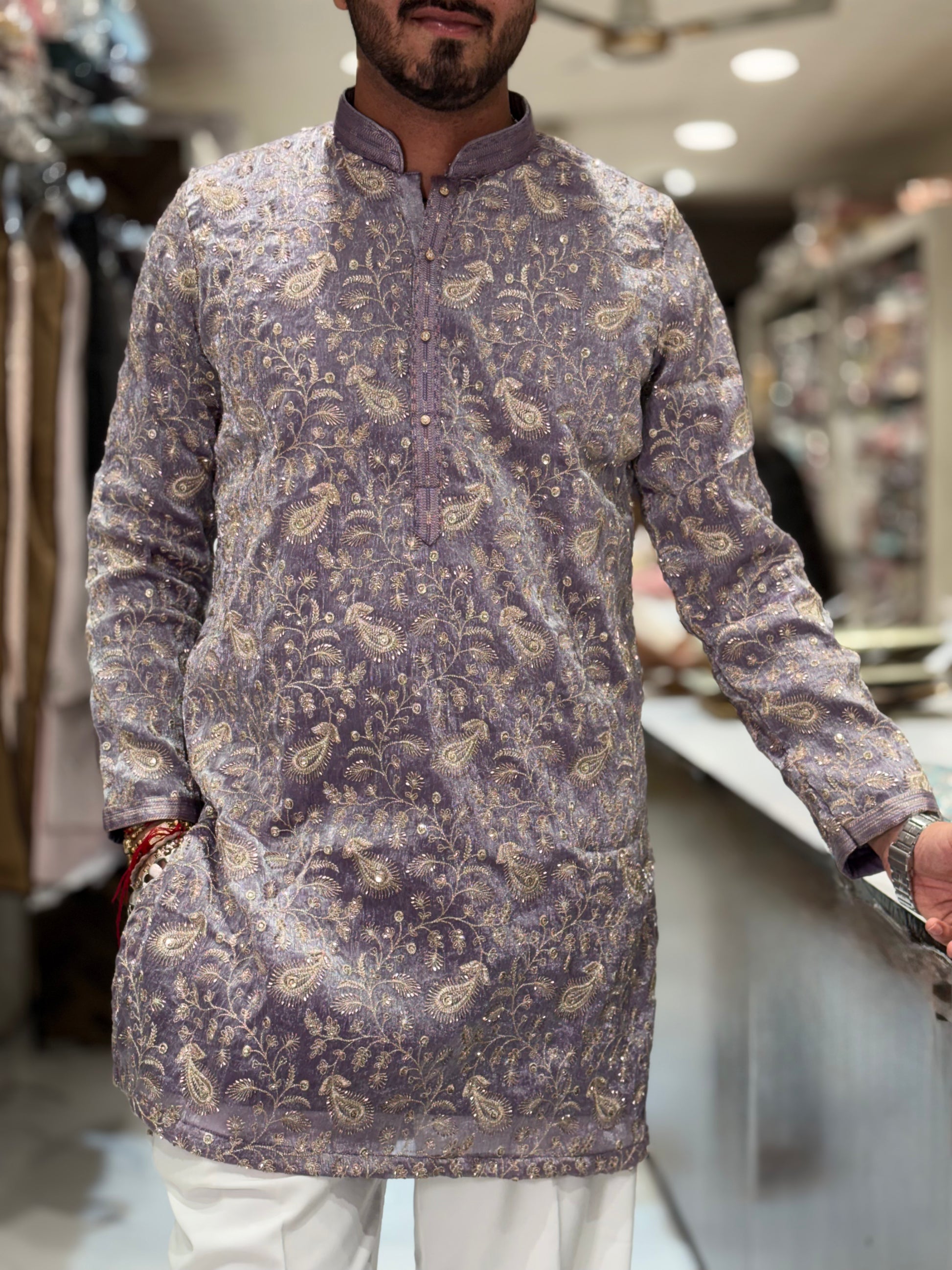 Premium Embroidered Silk Kurta with Intricate Paisley Floral Work