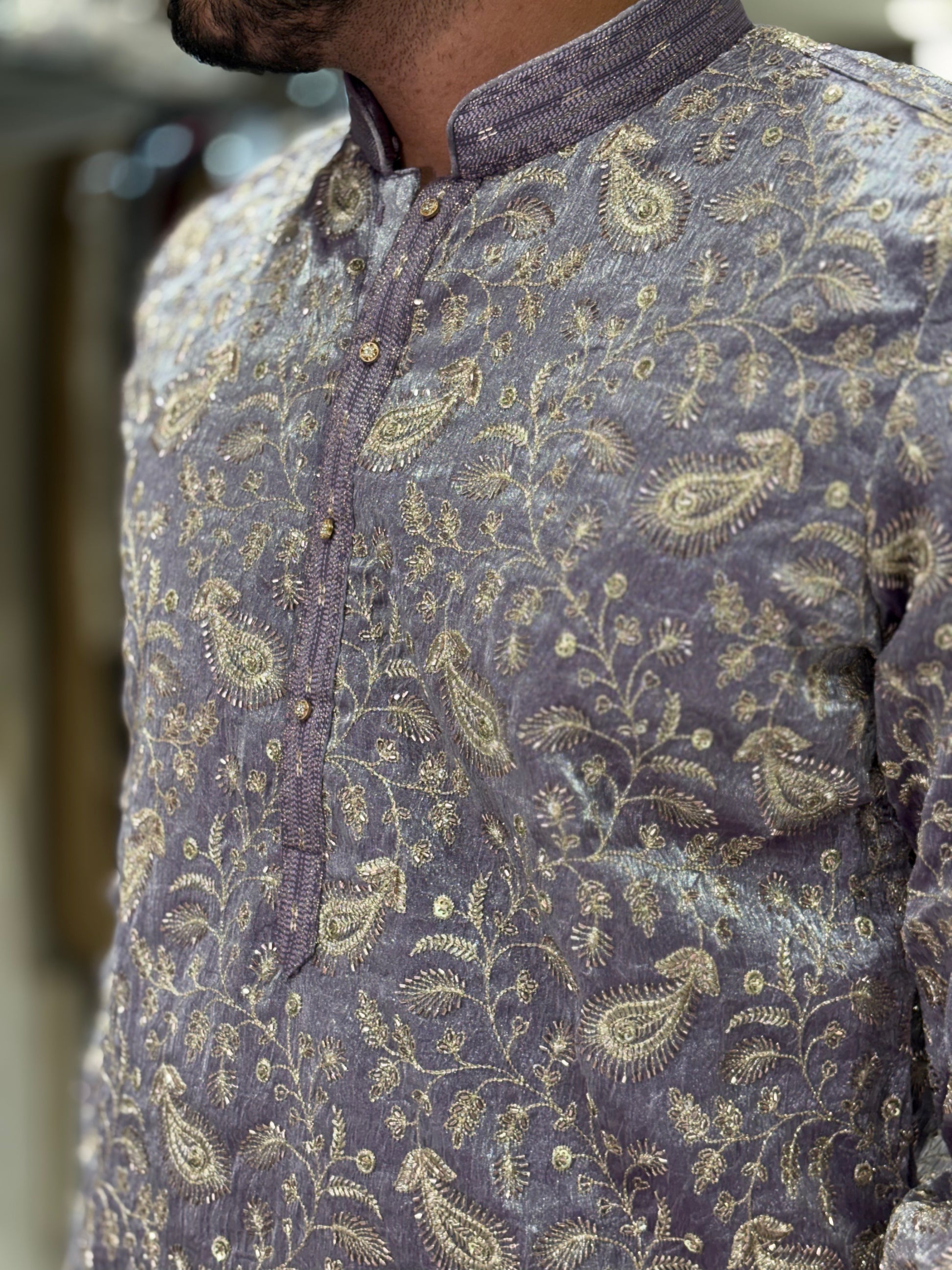 Premium Embroidered Silk Kurta with Intricate Paisley Floral Work