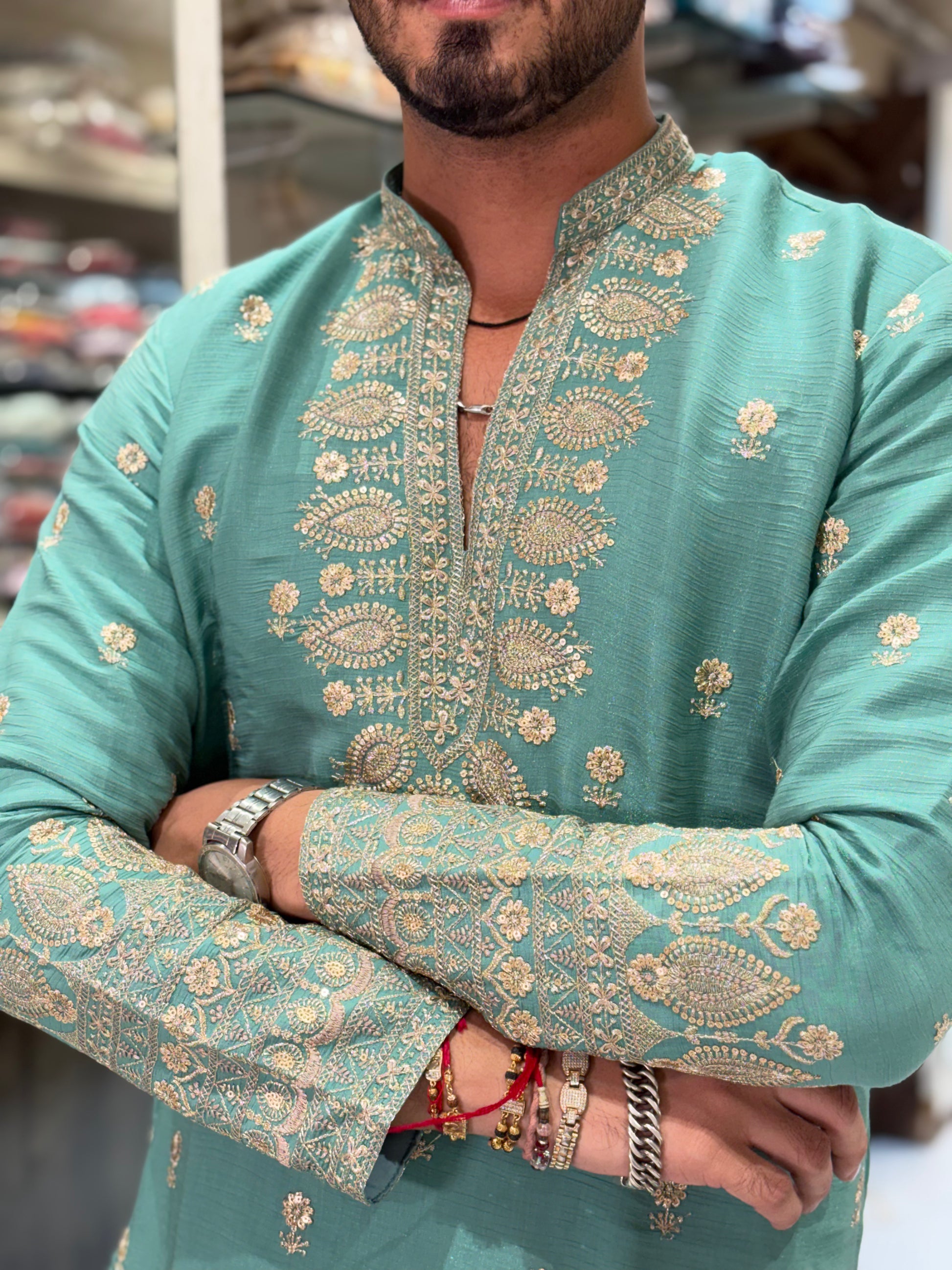 Premium Silk Kurta with Intricate Paisley Embroidery & Designer Border