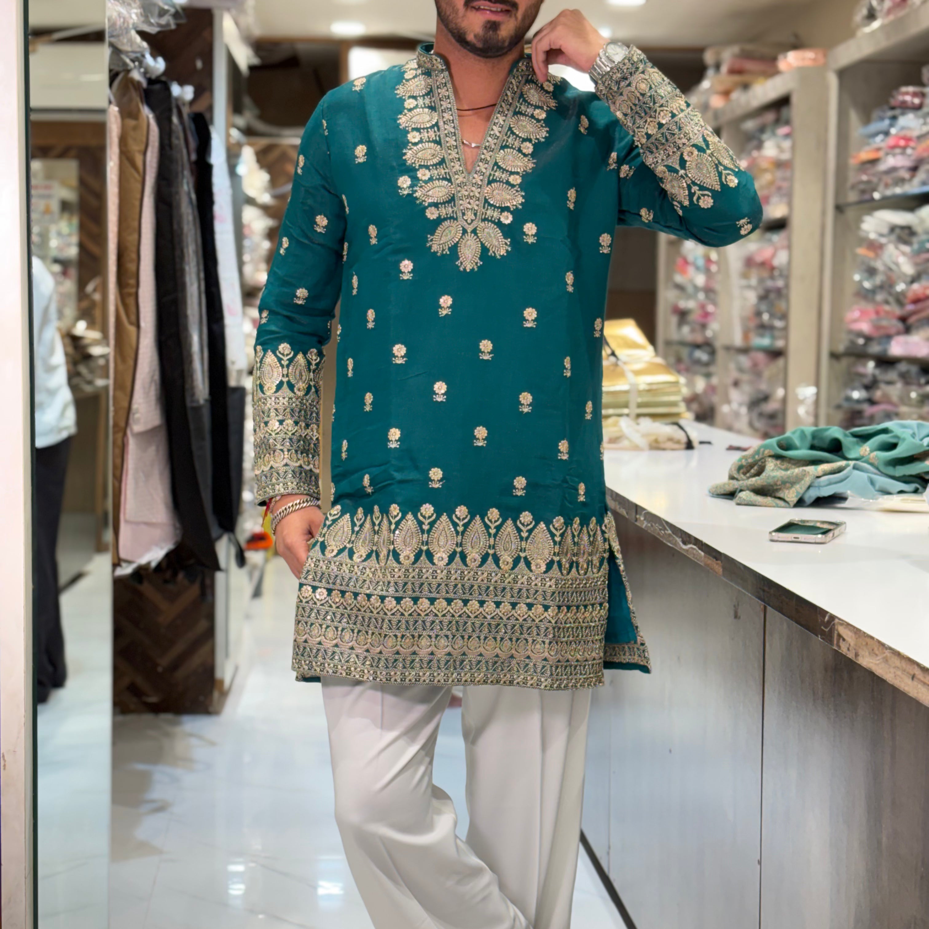 Premium Silk Kurta with Intricate Paisley Embroidery & Designer Border