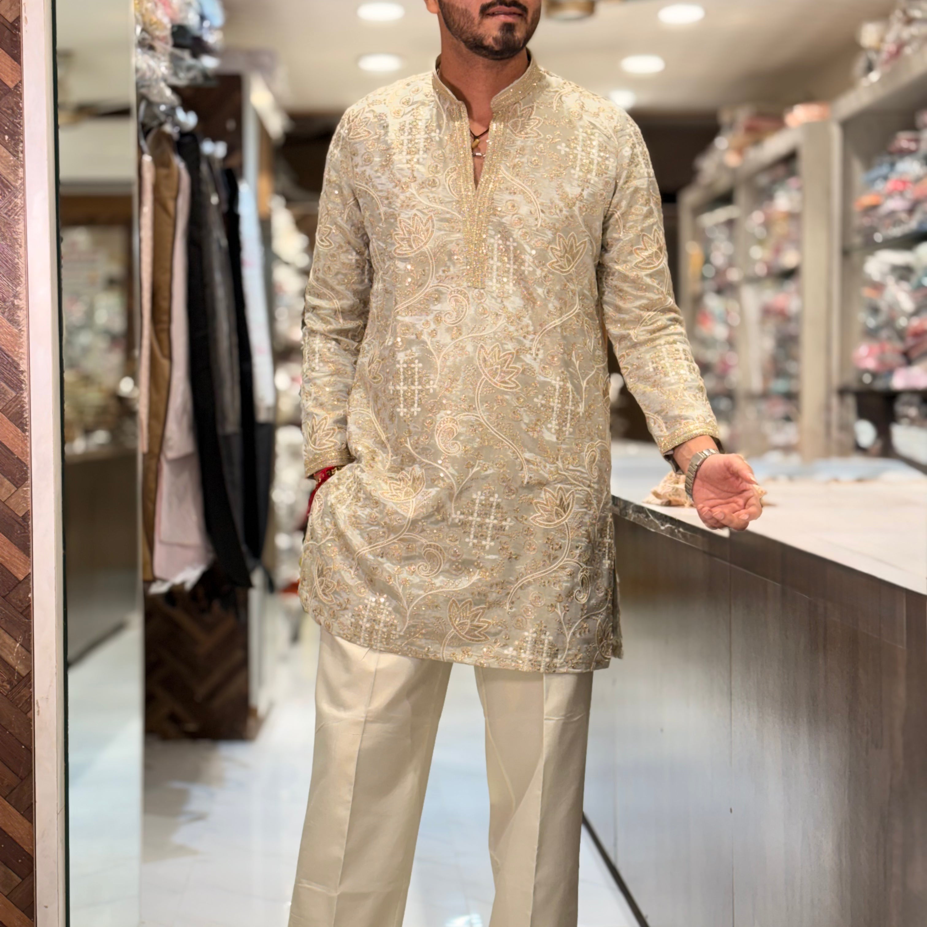 Premium Tissue Silk Kurta with Intricate Floral Embroidery