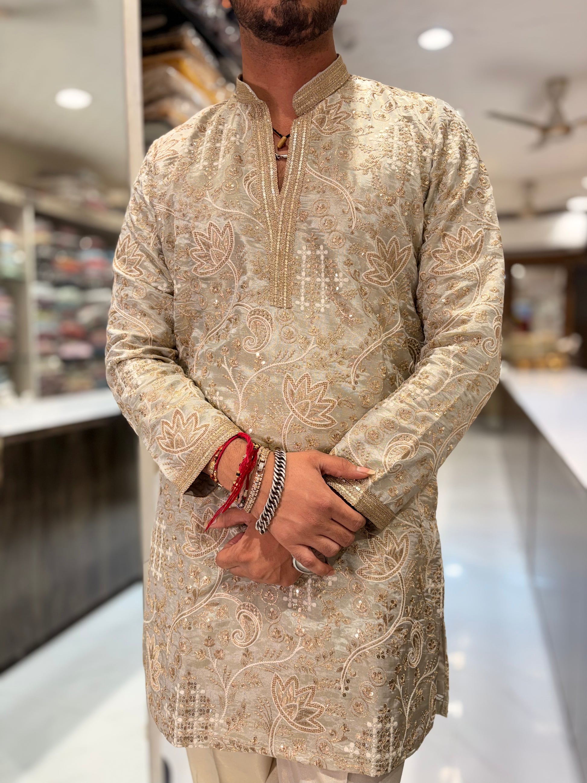 Premium Tissue Silk Kurta with Intricate Floral Embroidery