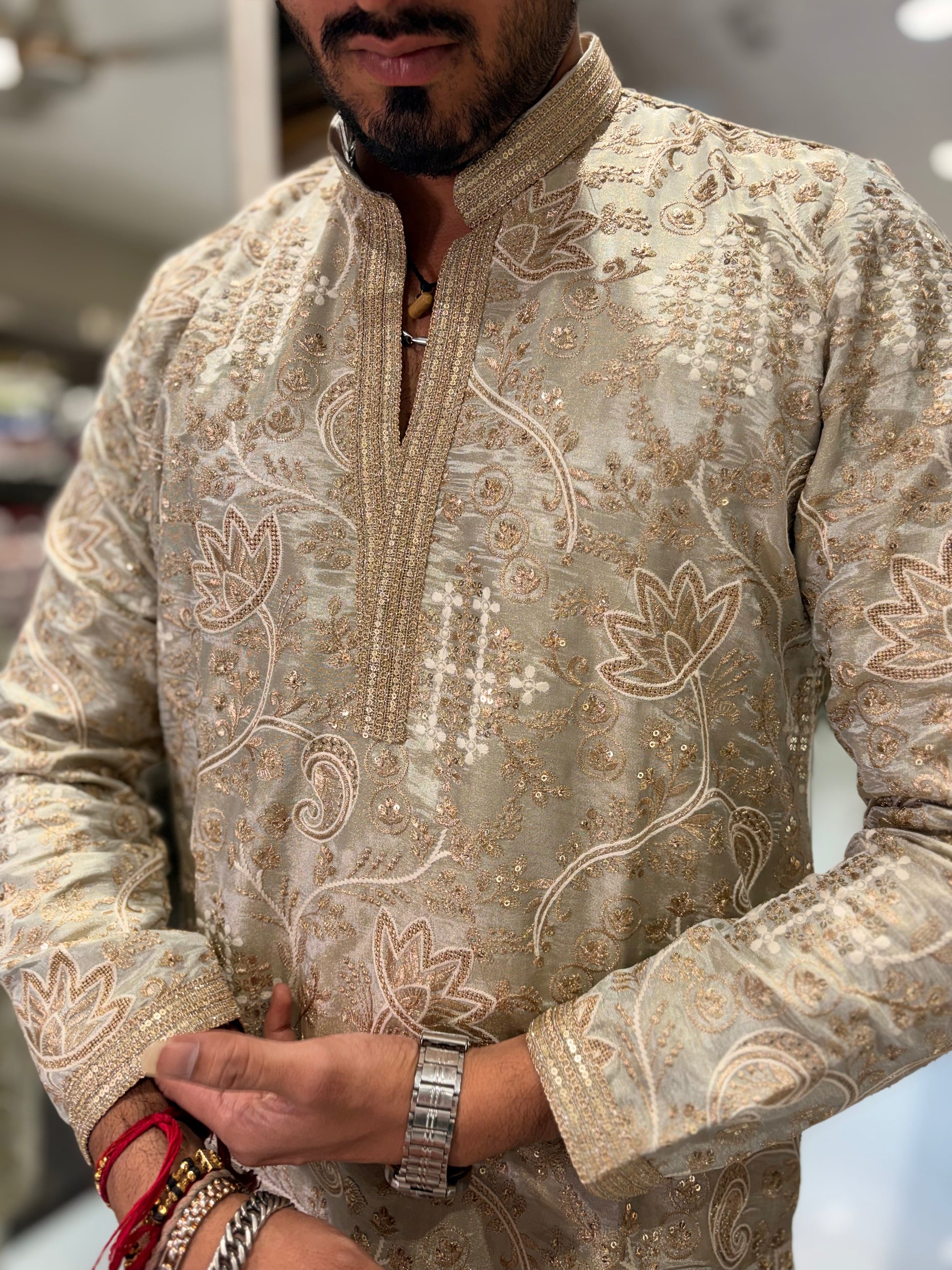 Premium Tissue Silk Kurta with Intricate Floral Embroidery