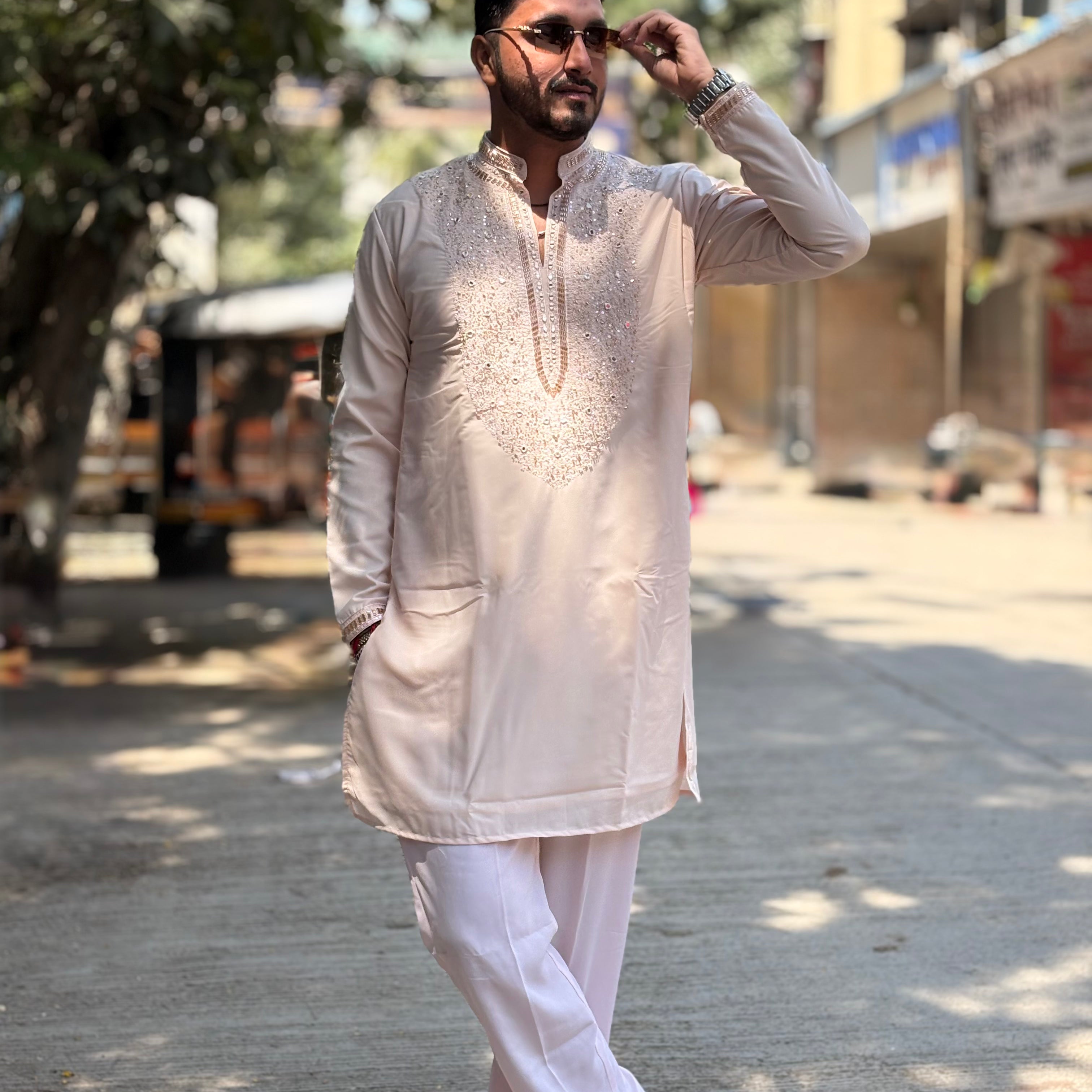 Premium Baby Pink Silk Kurta with Intricate Sequin & Mirror Embroidery
