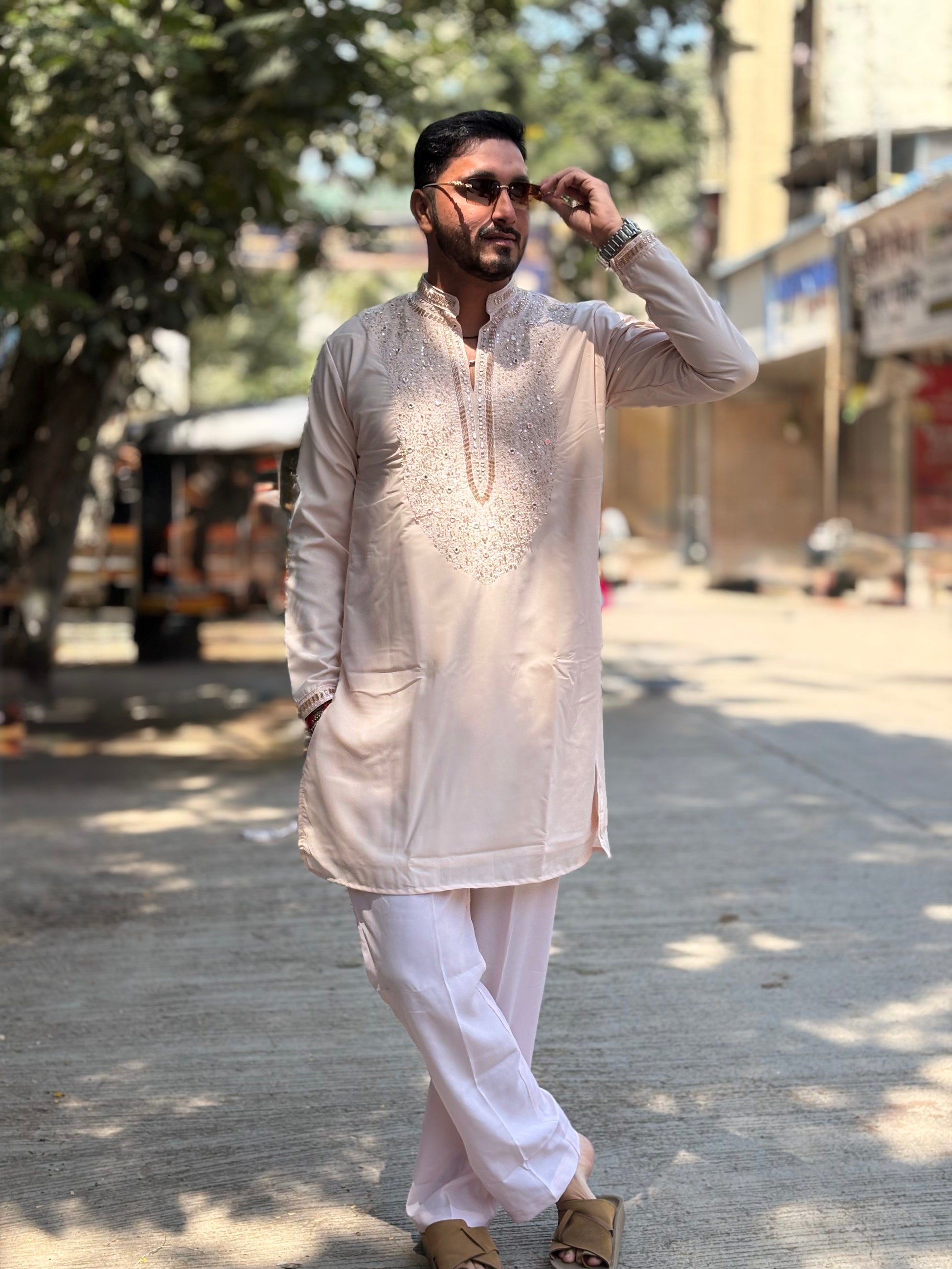Premium Baby Pink Silk Kurta with Intricate Sequin & Mirror Embroidery