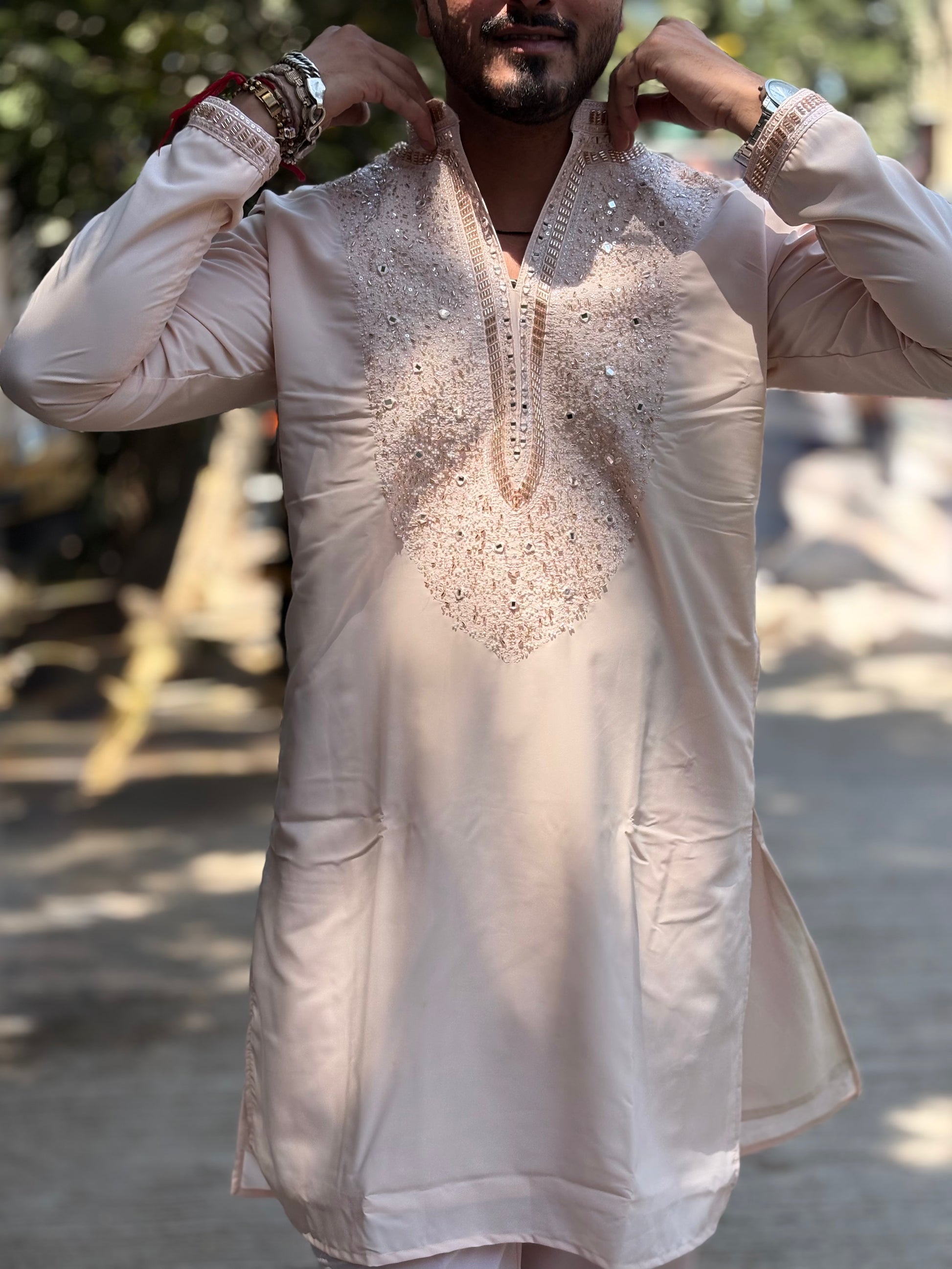 Premium Baby Pink Silk Kurta with Intricate Sequin & Mirror Embroidery
