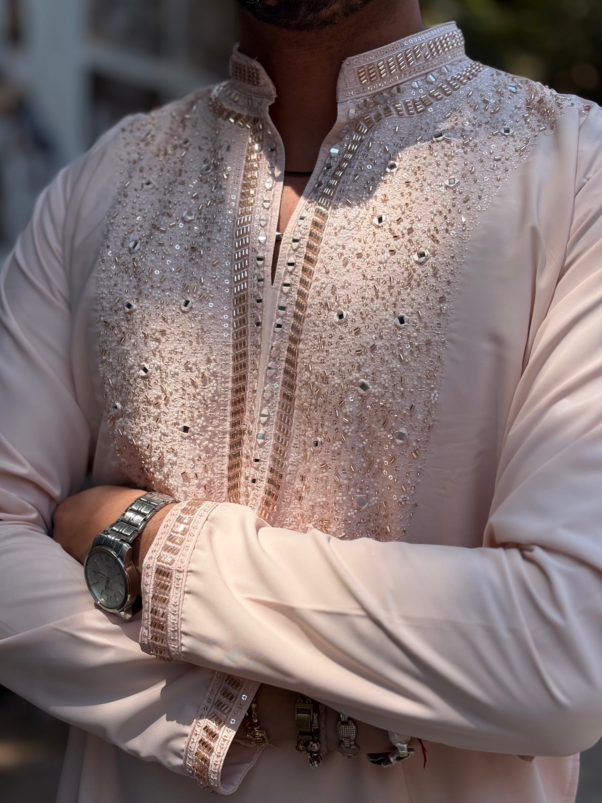 Premium Baby Pink Silk Kurta with Intricate Sequin & Mirror Embroidery