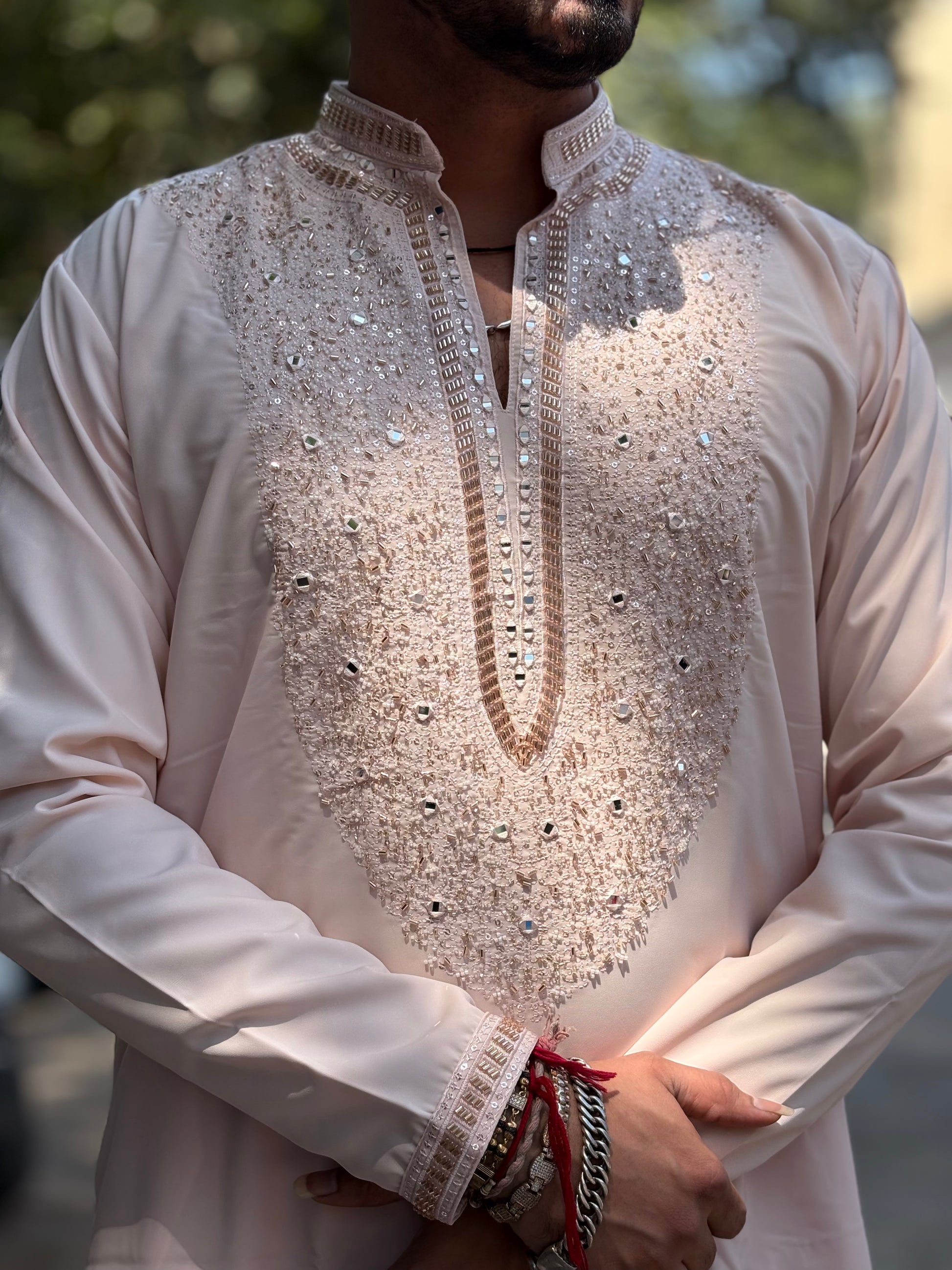 Premium Baby Pink Silk Kurta with Intricate Sequin & Mirror Embroidery