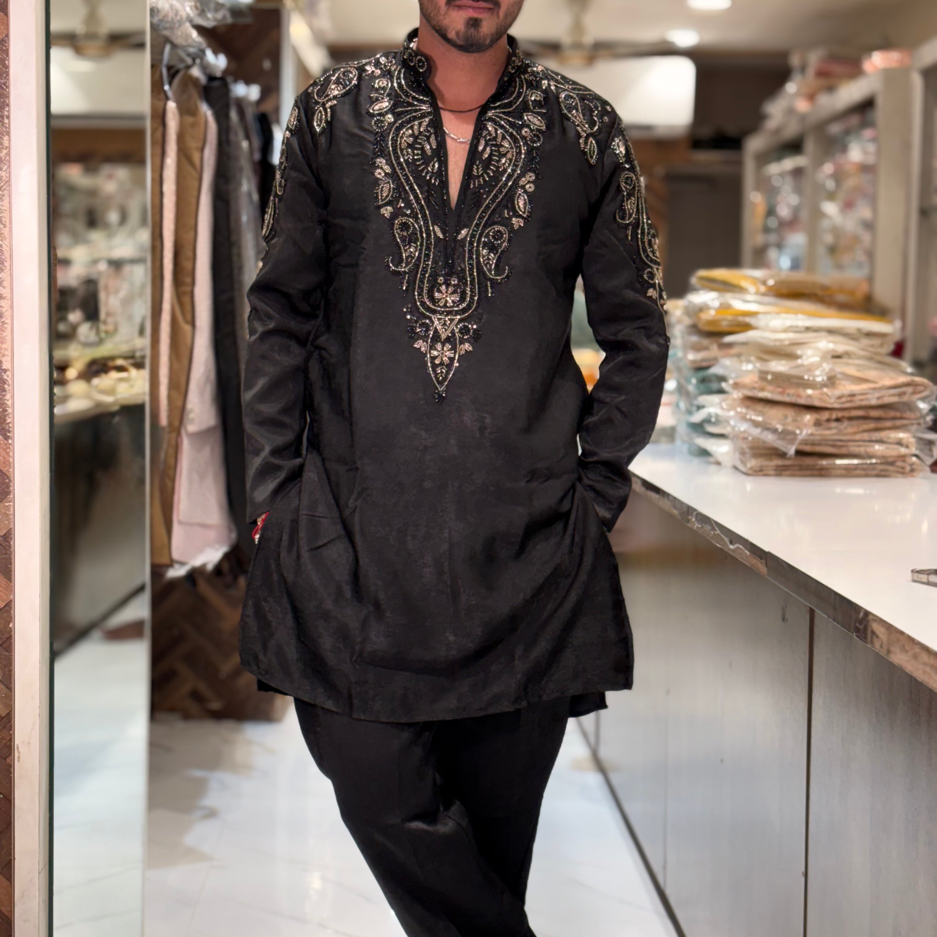 Premium Black Silk Kurta with Intricate Hand-Embroidered Beadwork