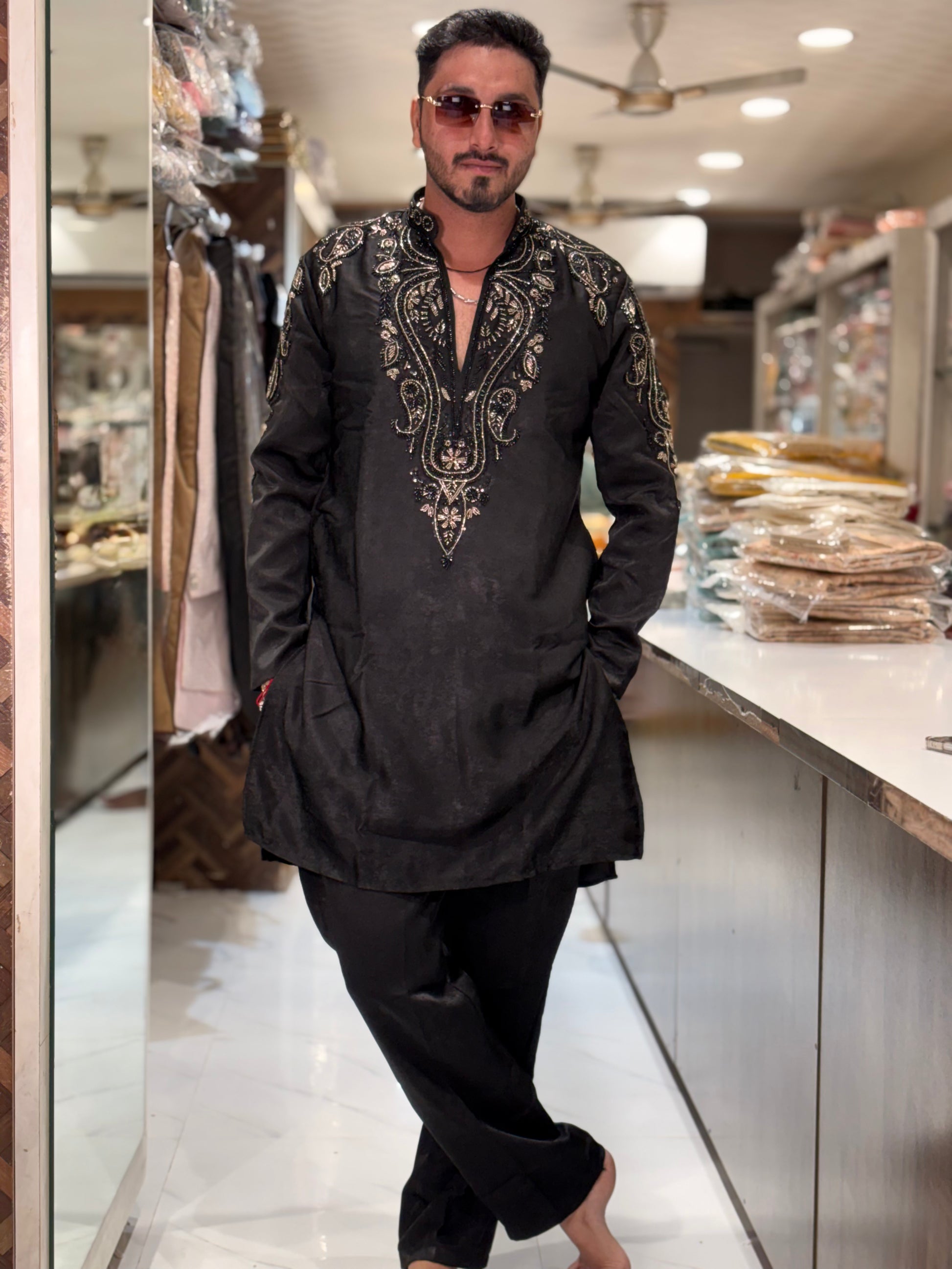 Premium Black Silk Kurta with Intricate Hand-Embroidered Beadwork