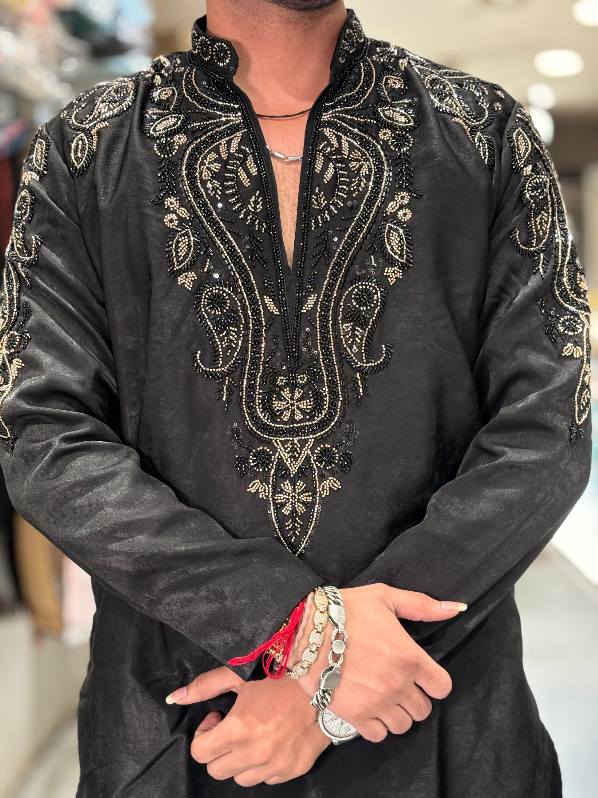 Premium Black Silk Kurta with Intricate Hand-Embroidered Beadwork