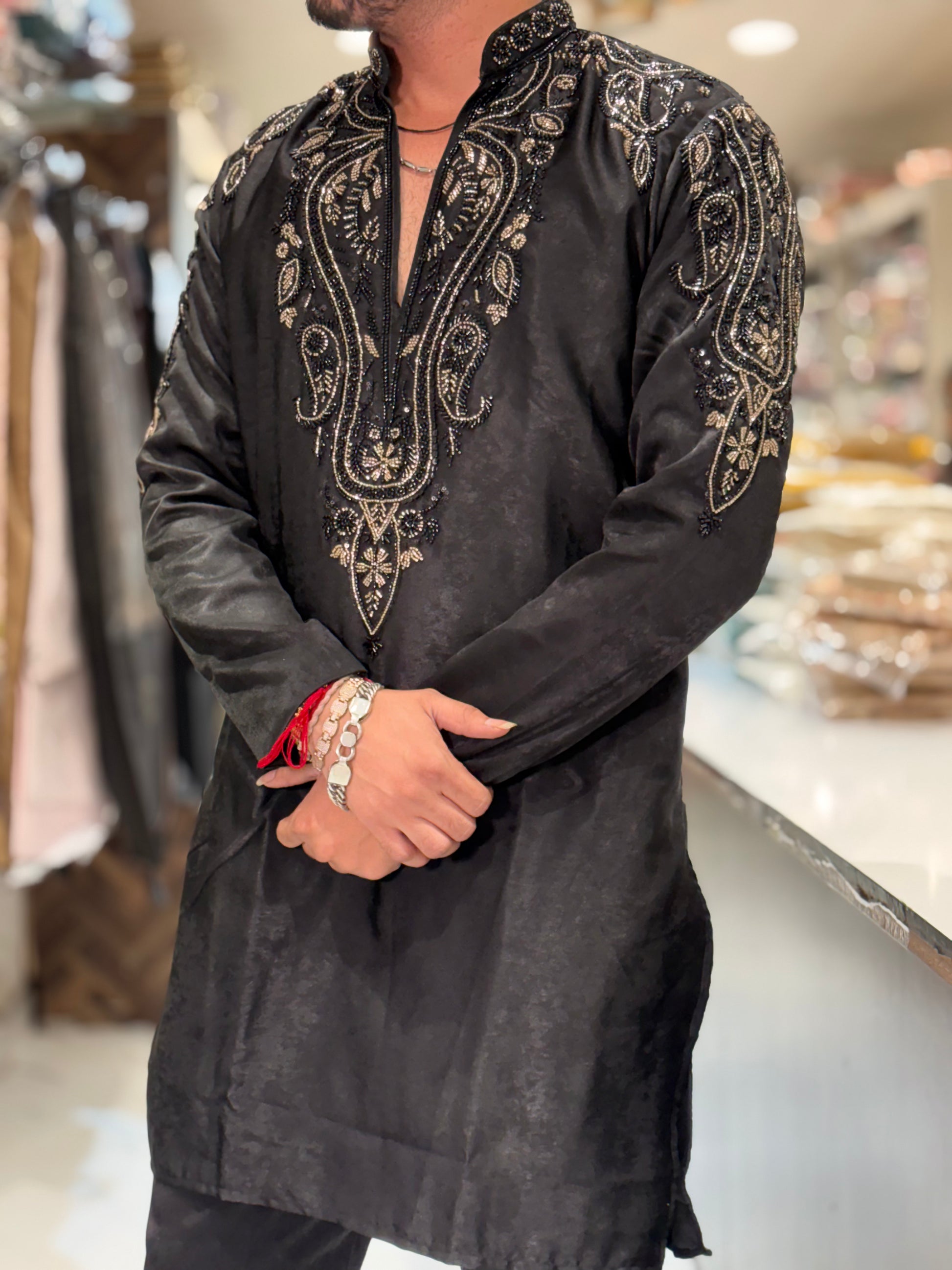 Premium Black Silk Kurta with Intricate Hand-Embroidered Beadwork