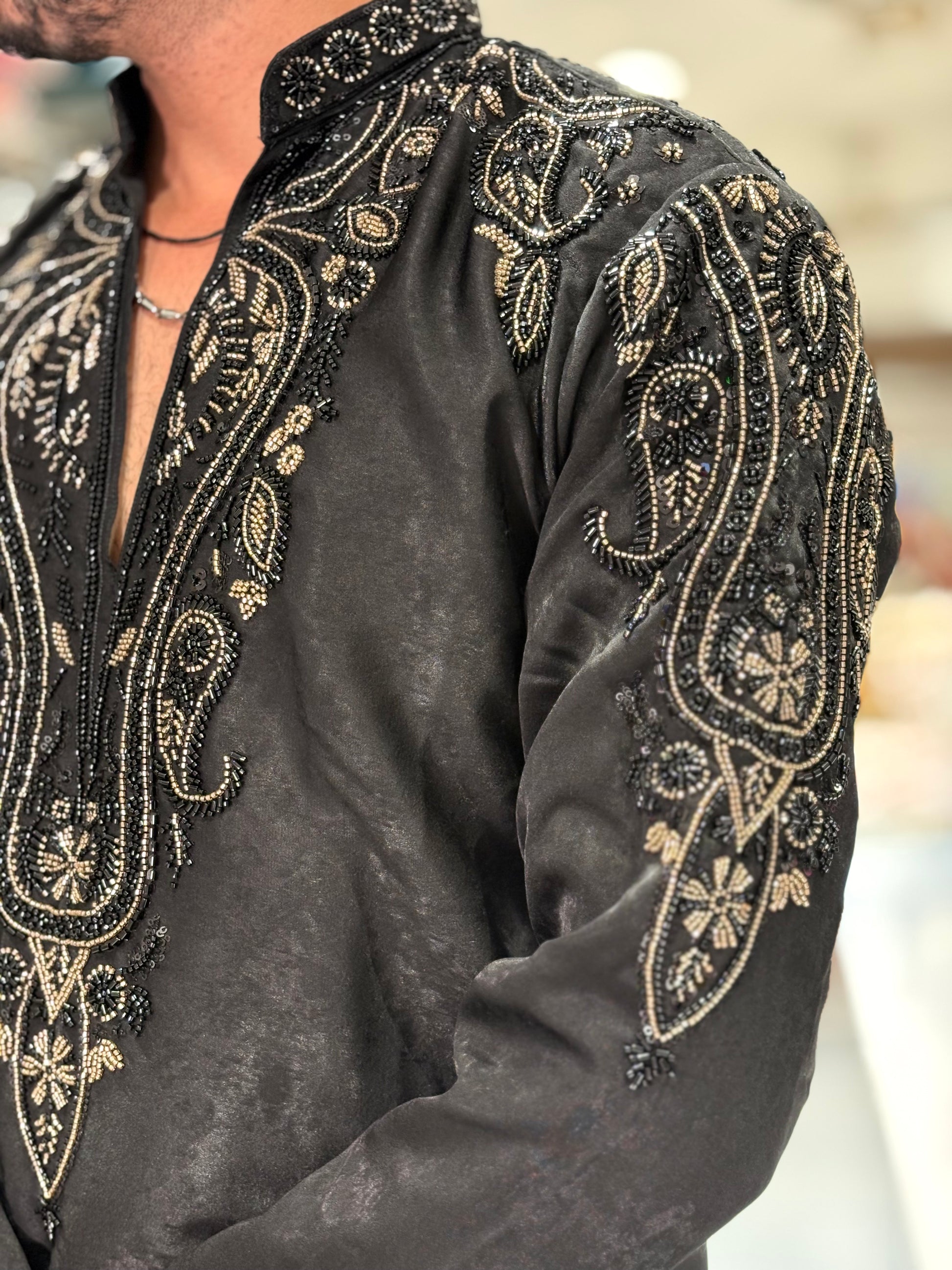 Premium Black Silk Kurta with Intricate Hand-Embroidered Beadwork
