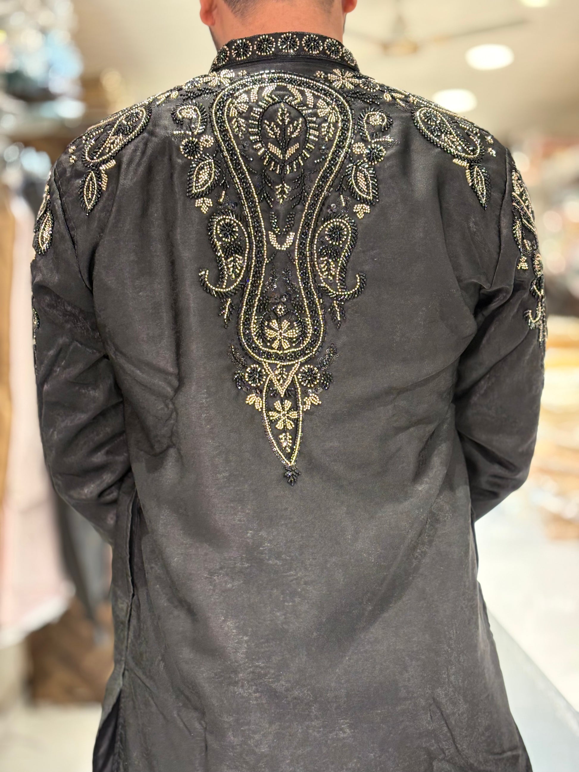 Premium Black Silk Kurta with Intricate Hand-Embroidered Beadwork