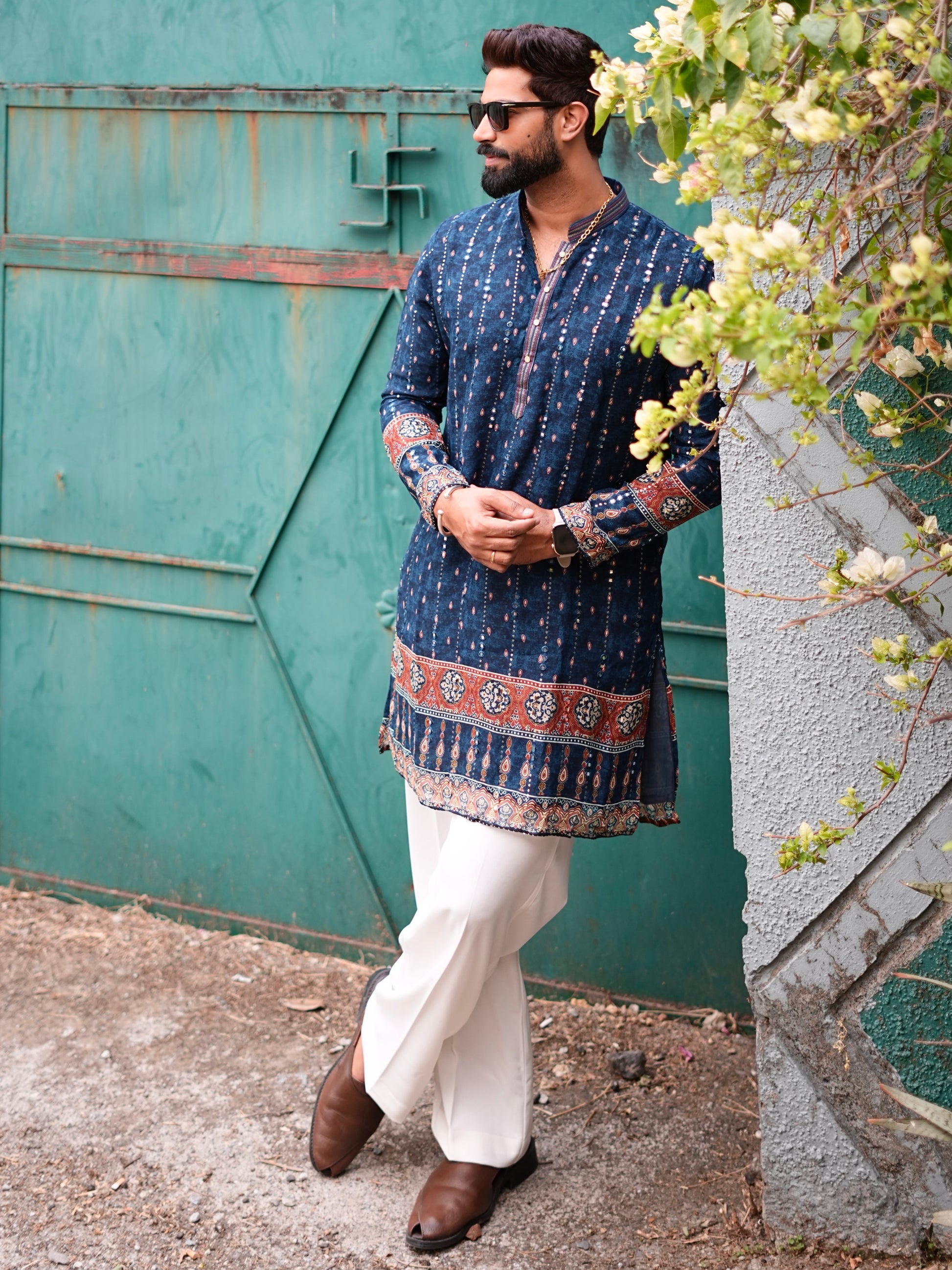 BLUSHING BLUE PAPER MIRROR WORK MID-LENGTH KURTA