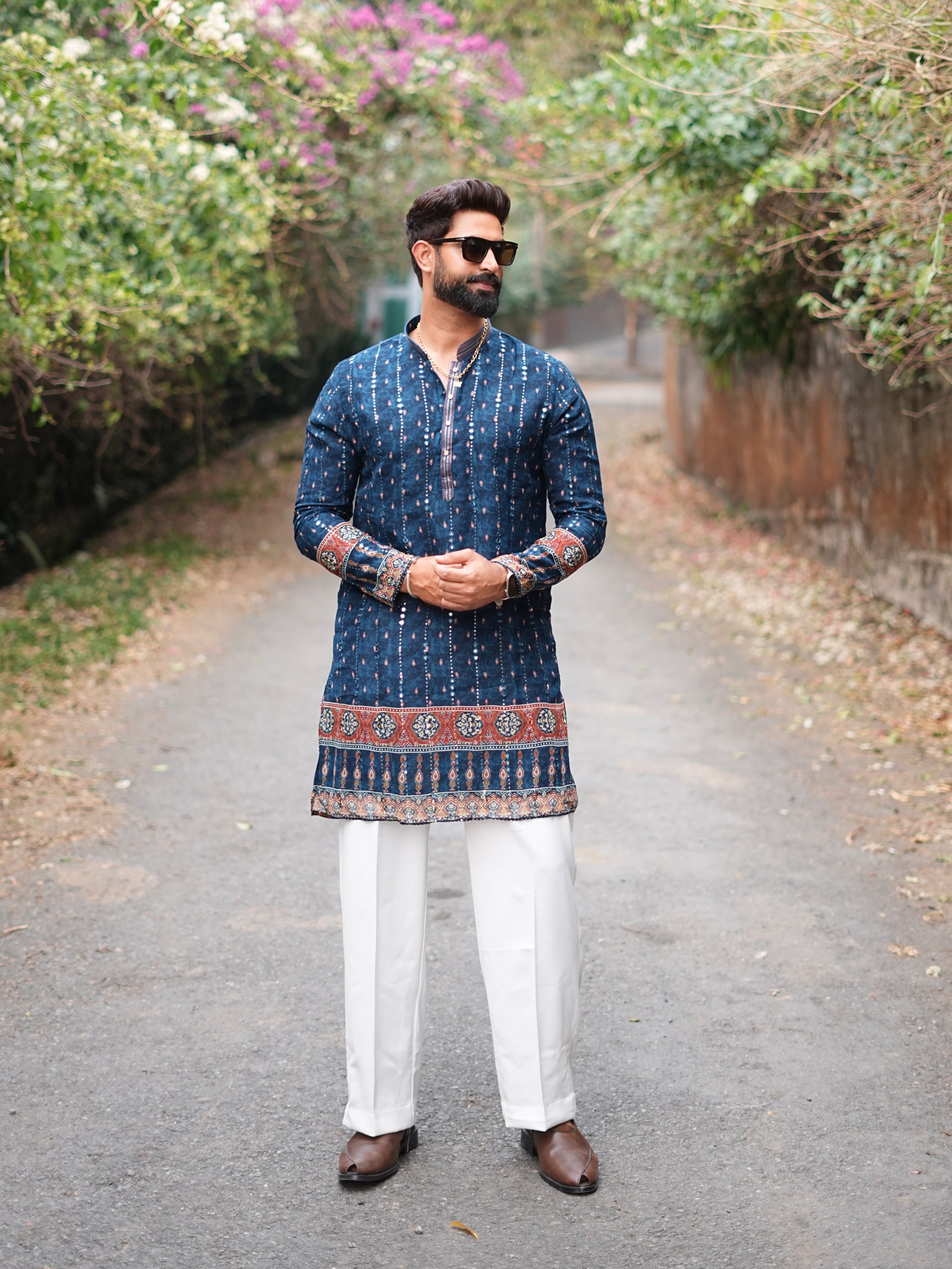 BLUSHING BLUE PAPER MIRROR WORK MID-LENGTH KURTA