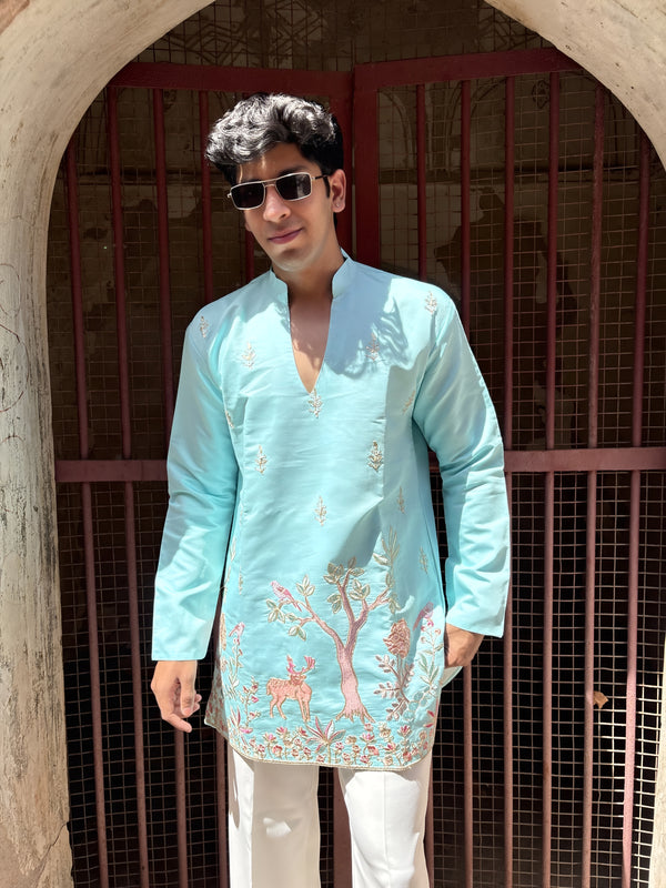 OCEAN BLUE EMBROIDERY V-NECK SHORT KURTA