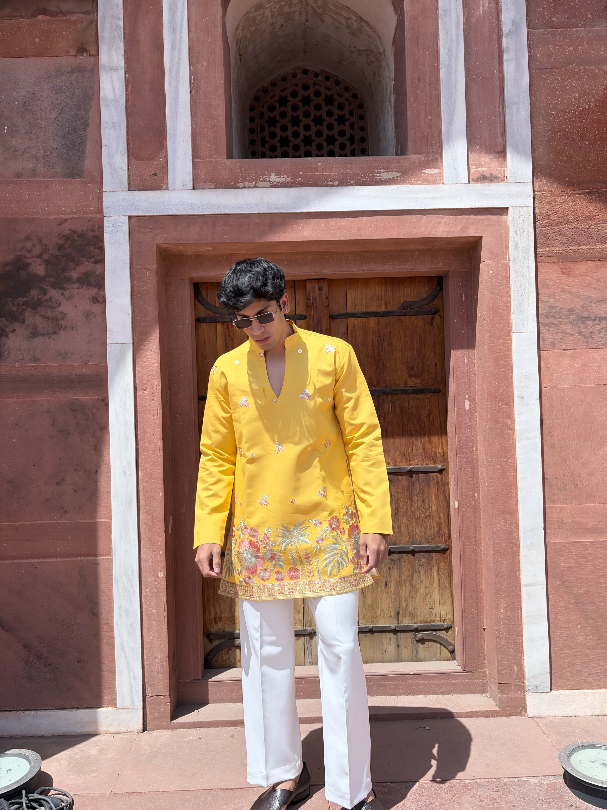 MUSTARD YELLOW TROPICAL EMBROIDERY V-NECK SHORT KURTA
