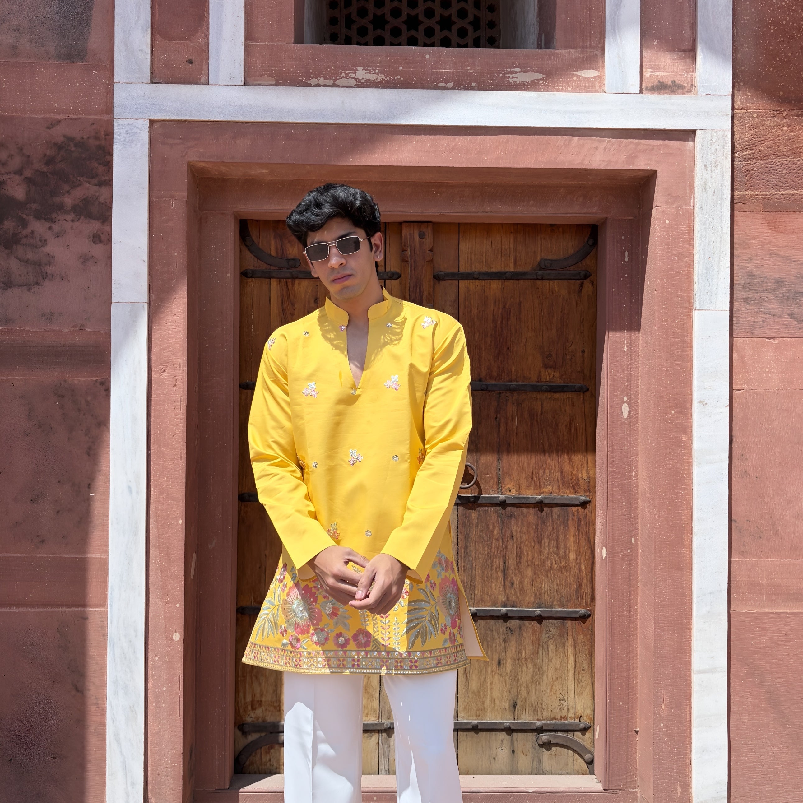 MUSTARD YELLOW TROPICAL EMBROIDERY V-NECK SHORT KURTA