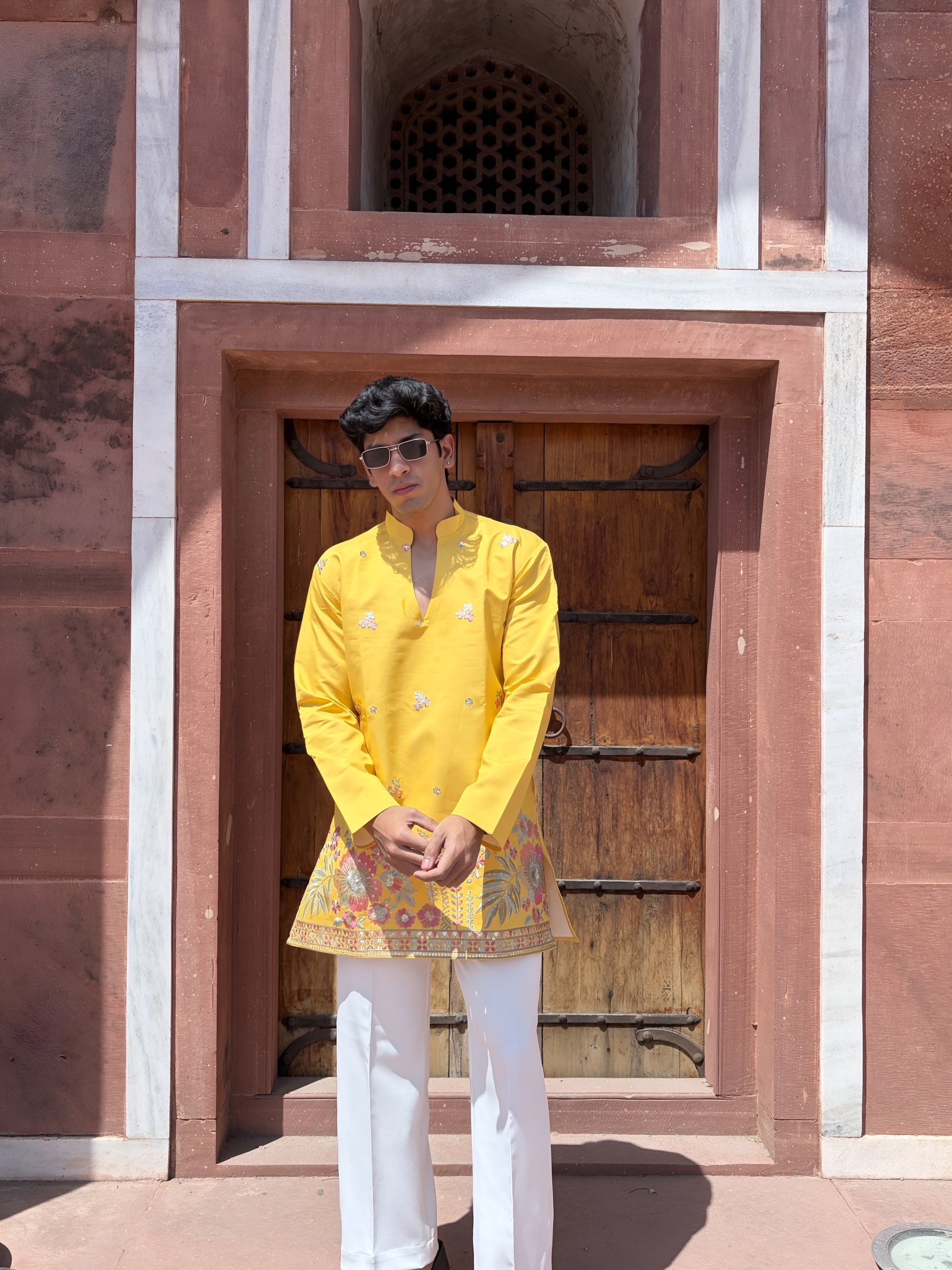 MUSTARD YELLOW TROPICAL EMBROIDERY V-NECK SHORT KURTA