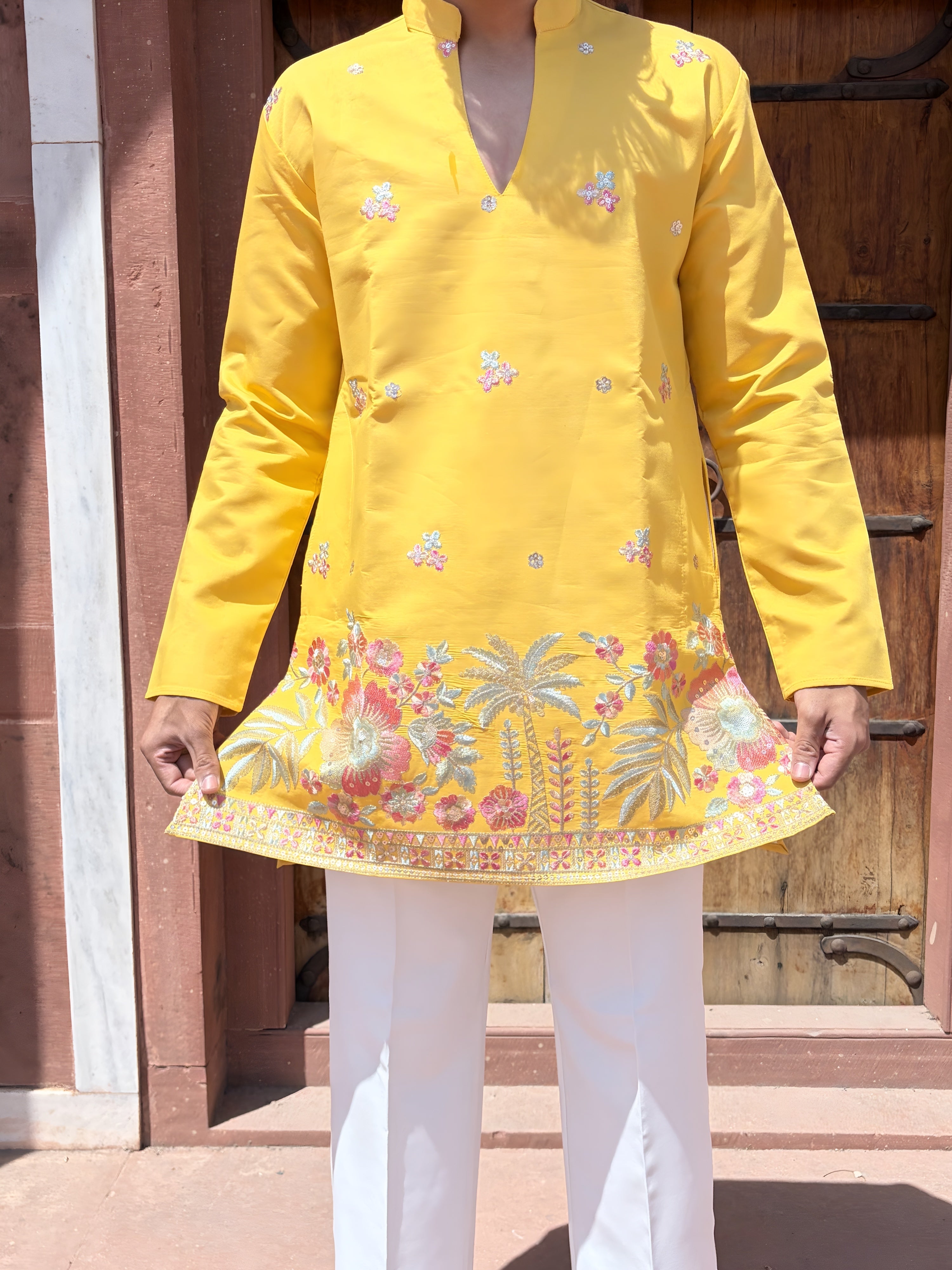 MUSTARD YELLOW TROPICAL EMBROIDERY V-NECK SHORT KURTA
