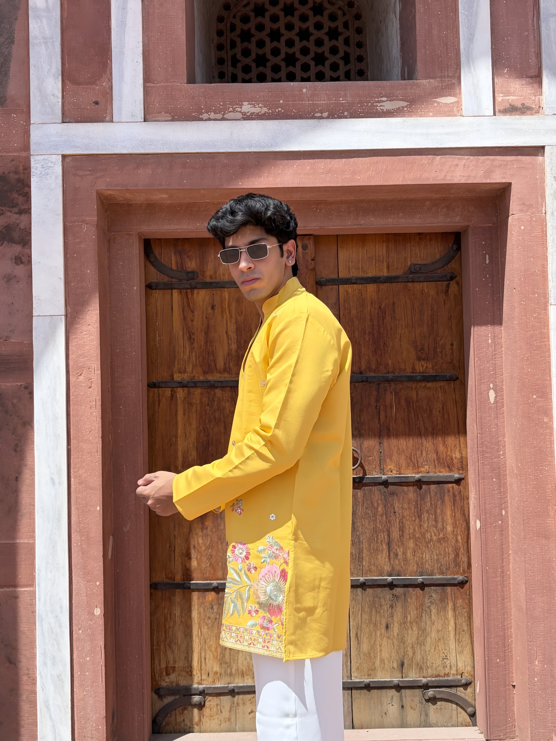 MUSTARD YELLOW TROPICAL EMBROIDERY V-NECK SHORT KURTA