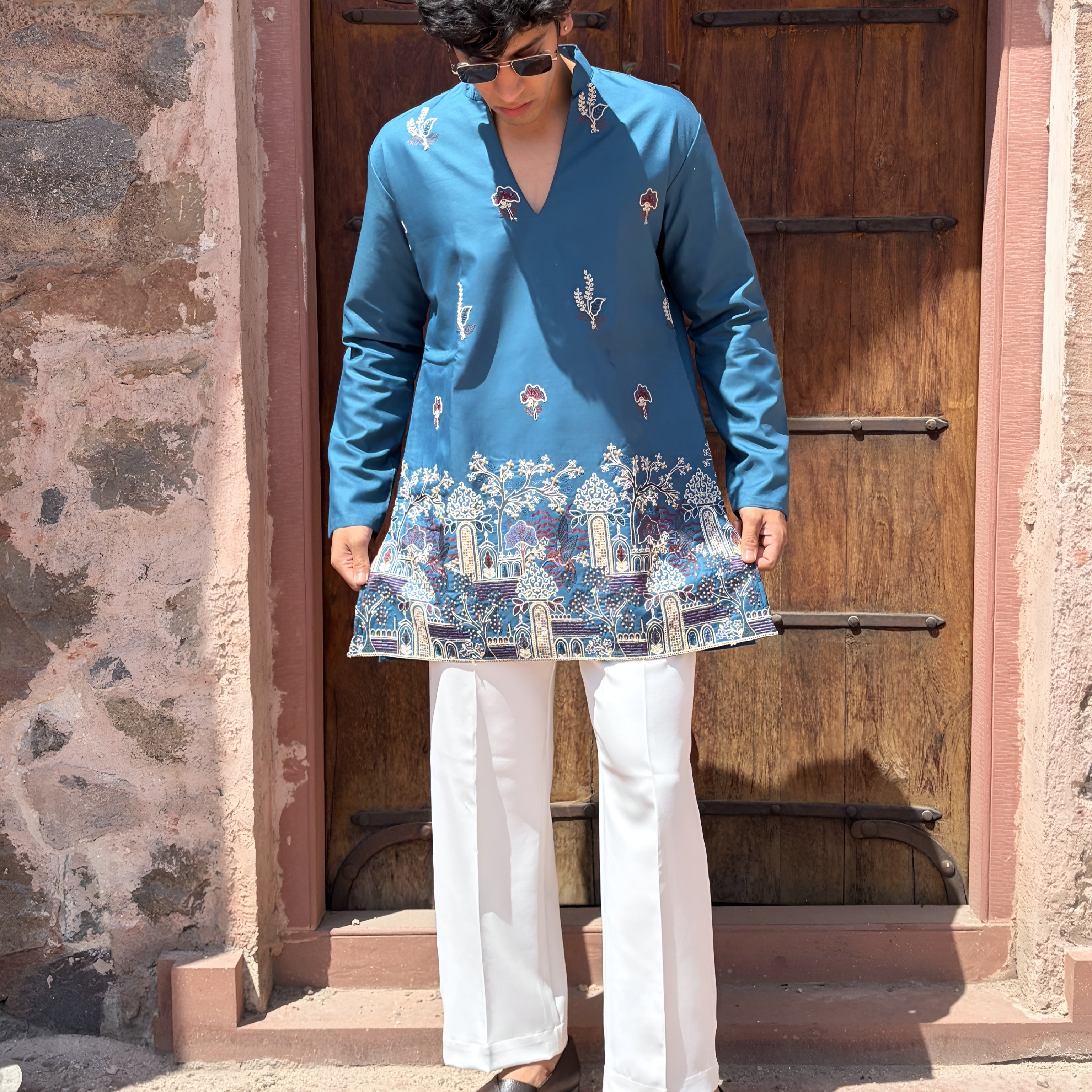 PEACOCK BLUE ARTISAN THREAD WORK V-NECK SHORT KURTA