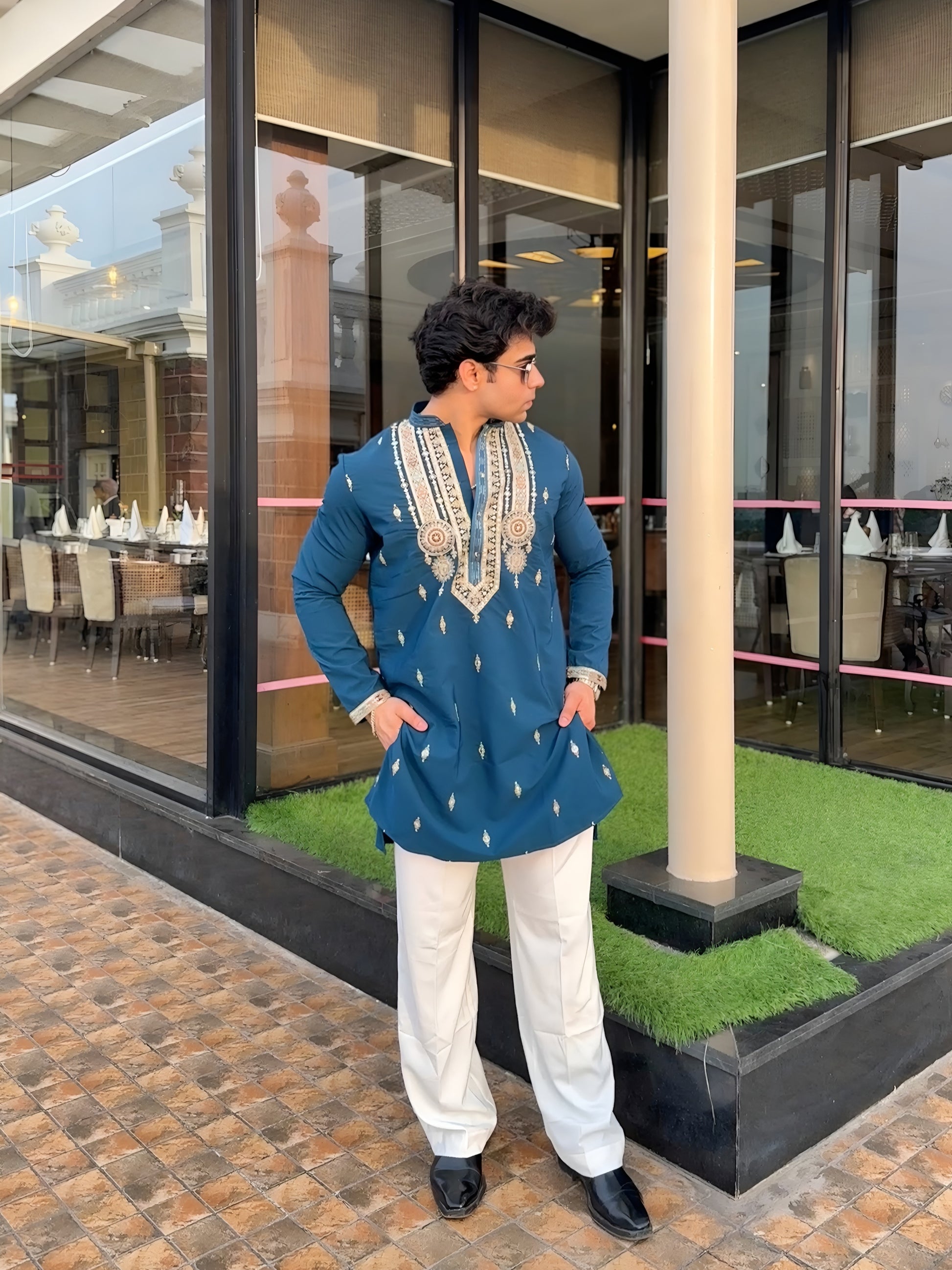 RAMA BLUE FESTIVE KURTA WITH INTRICATE THREAD EMBROIDERED MID-LENGTH KURTA
