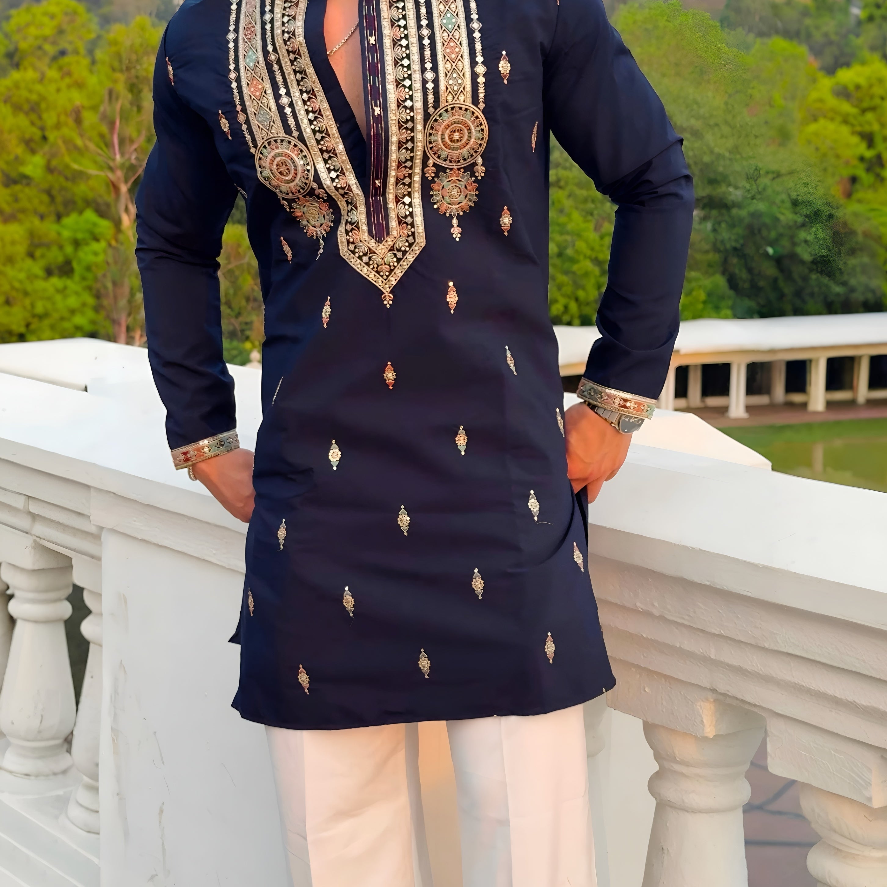NAVY BLUE FESTIVE KURTA WITH INTRICATE THREAD EMBROIDERED MID-LENGTH KURTA