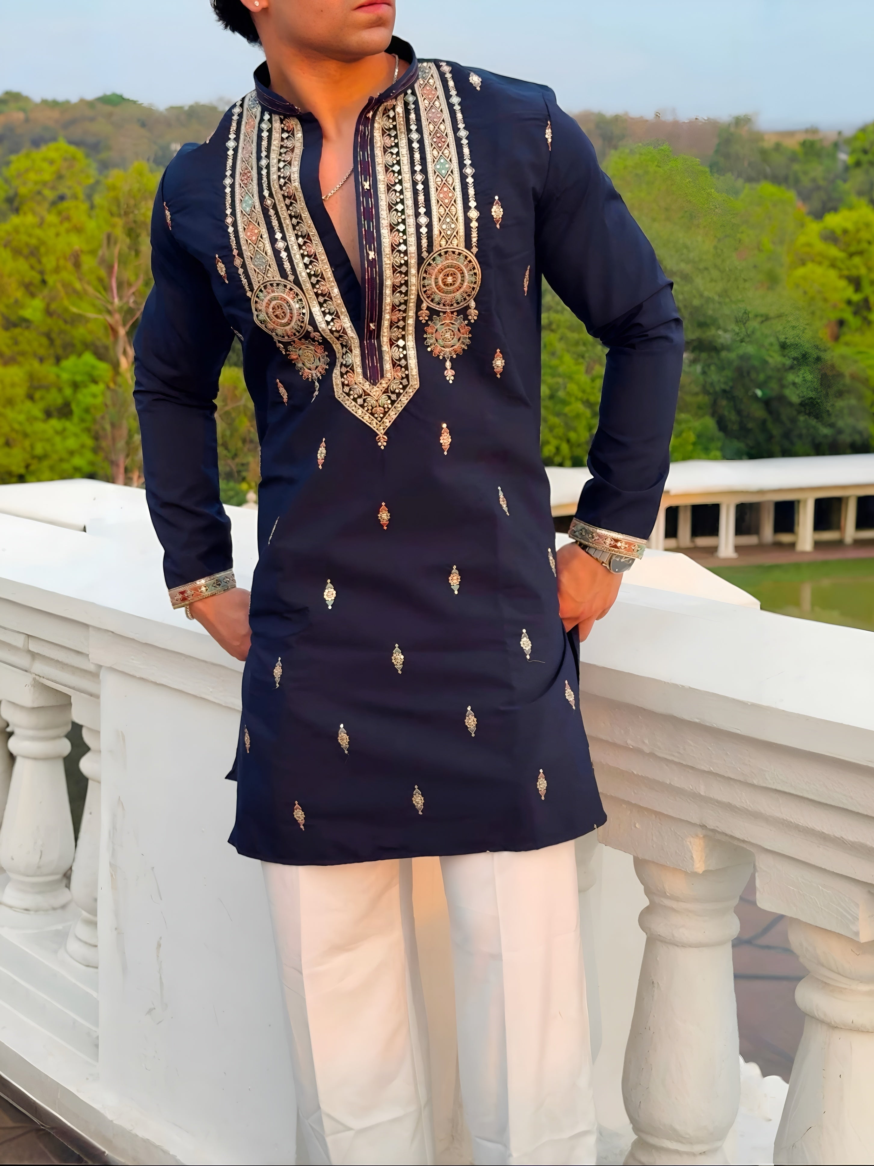 NAVY BLUE FESTIVE KURTA WITH INTRICATE THREAD EMBROIDERED MID-LENGTH KURTA