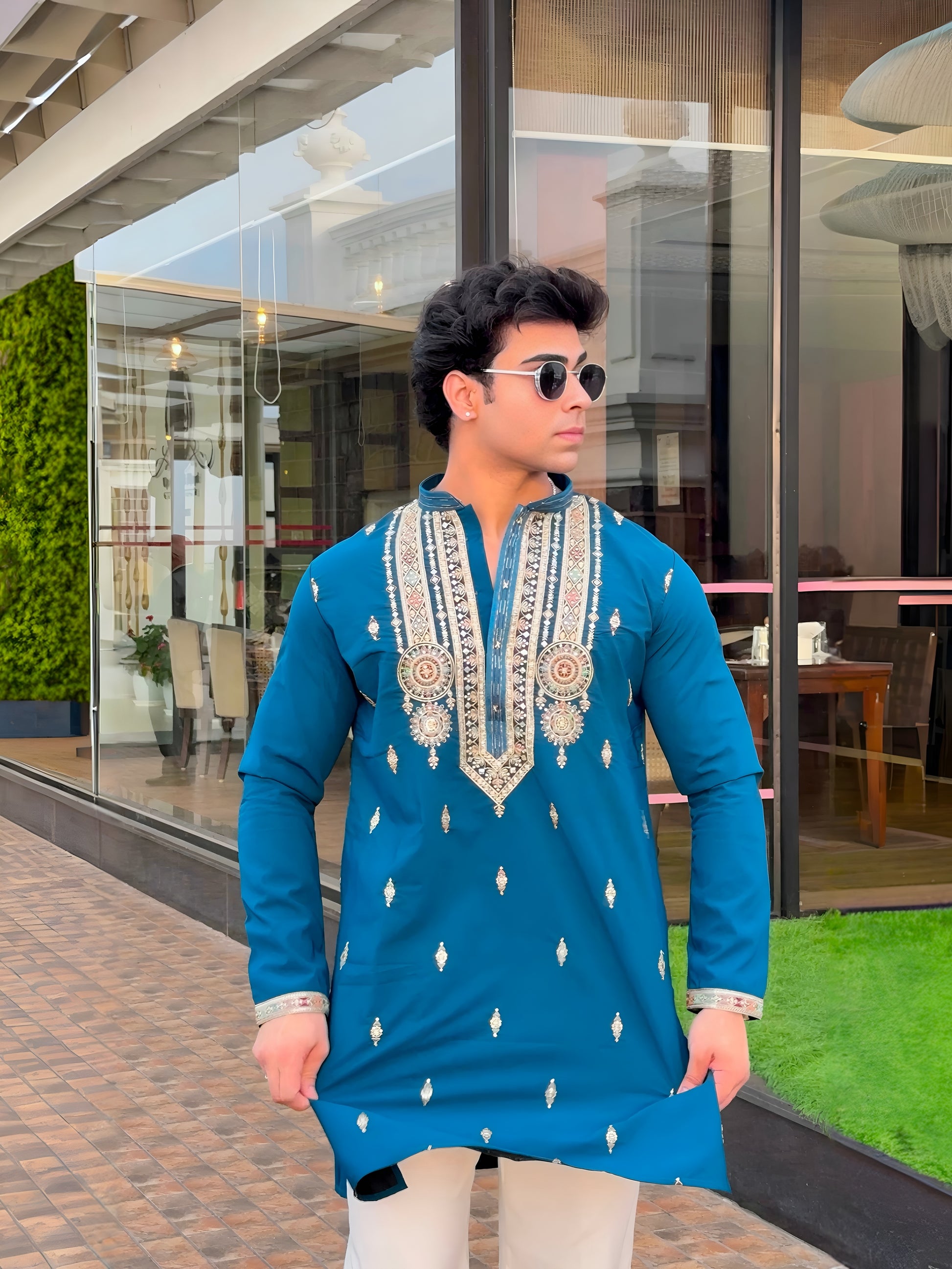 RAMA BLUE FESTIVE KURTA WITH INTRICATE THREAD EMBROIDERED MID-LENGTH KURTA