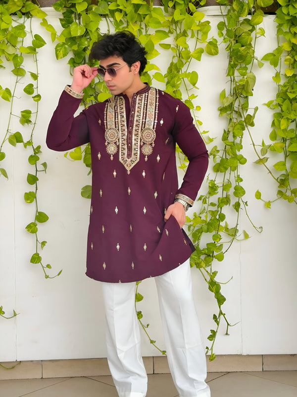 MAROON FESTIVE KURTA WITH INTRICATE THREAD EMBROIDERED MID-LENGTH KURTA