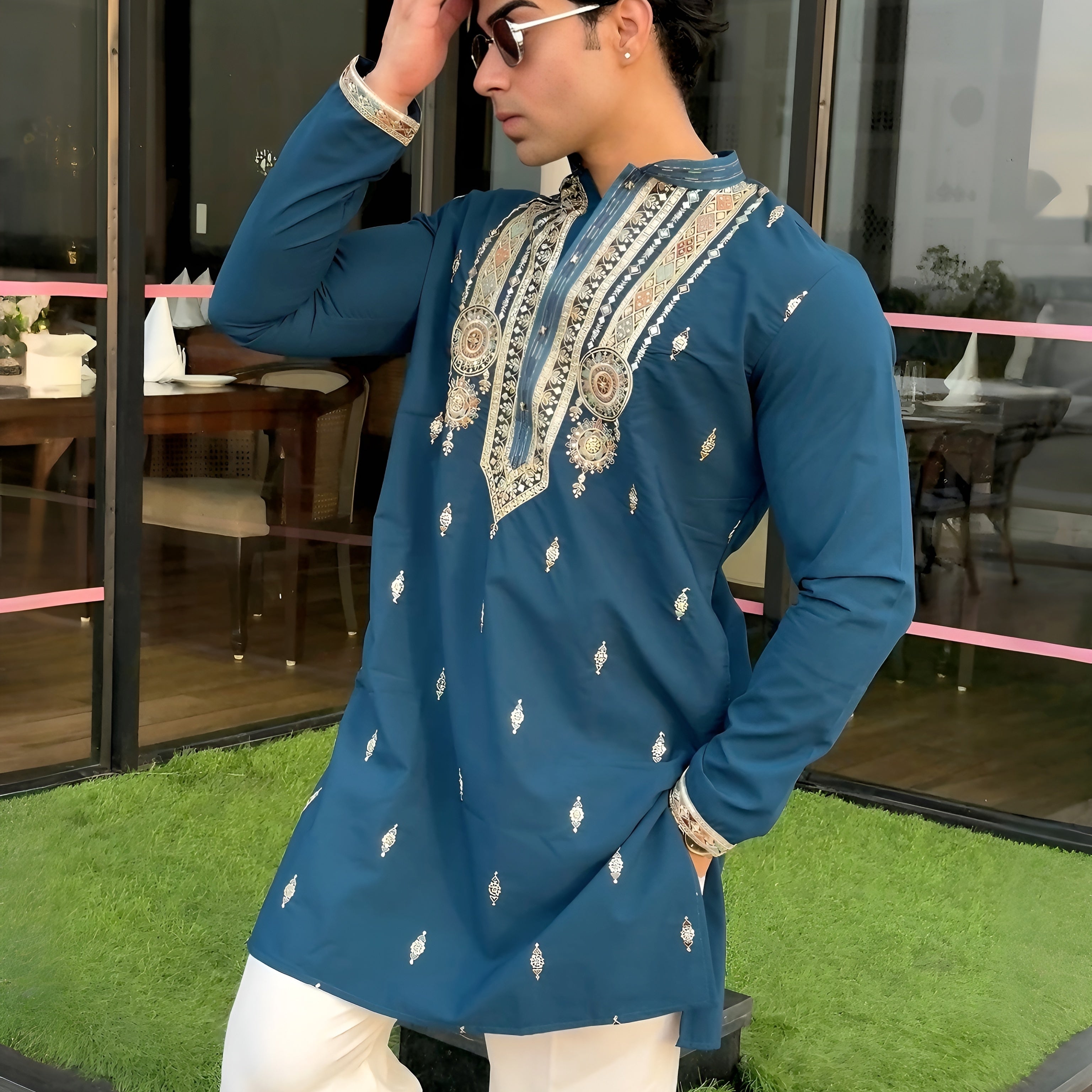 RAMA BLUE FESTIVE KURTA WITH INTRICATE THREAD EMBROIDERED MID-LENGTH KURTA