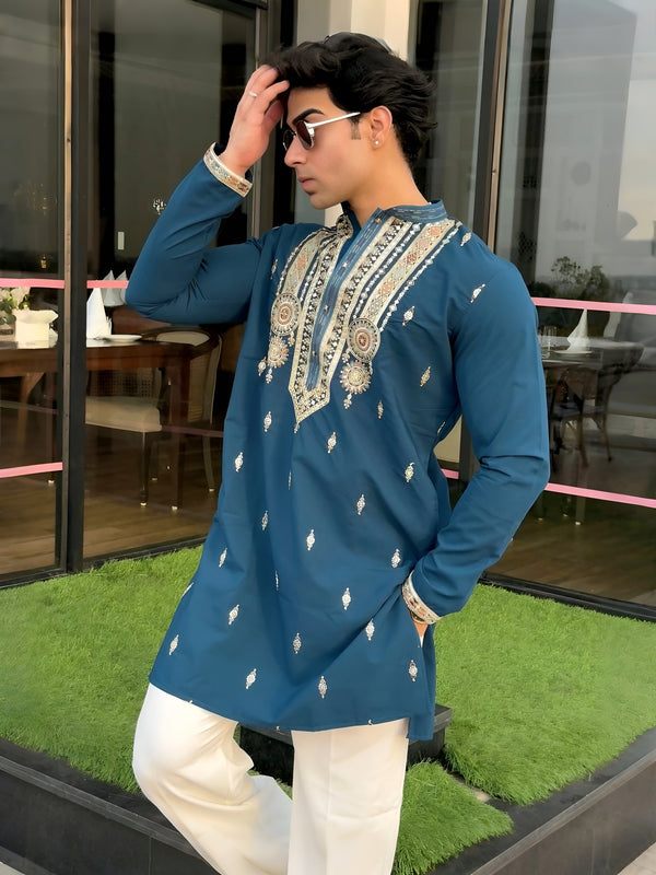 RAMA BLUE FESTIVE KURTA WITH INTRICATE THREAD EMBROIDERED MID-LENGTH KURTA