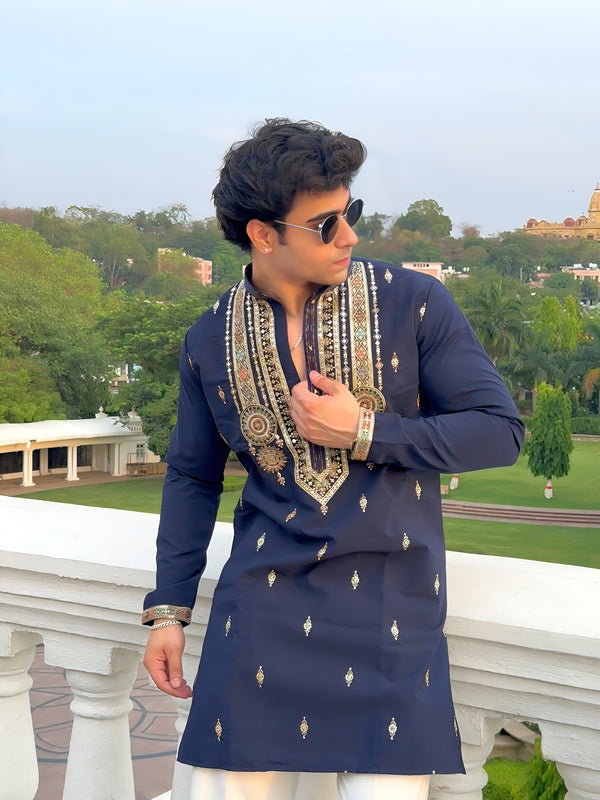 NAVY BLUE FESTIVE KURTA WITH INTRICATE THREAD EMBROIDERED MID-LENGTH KURTA
