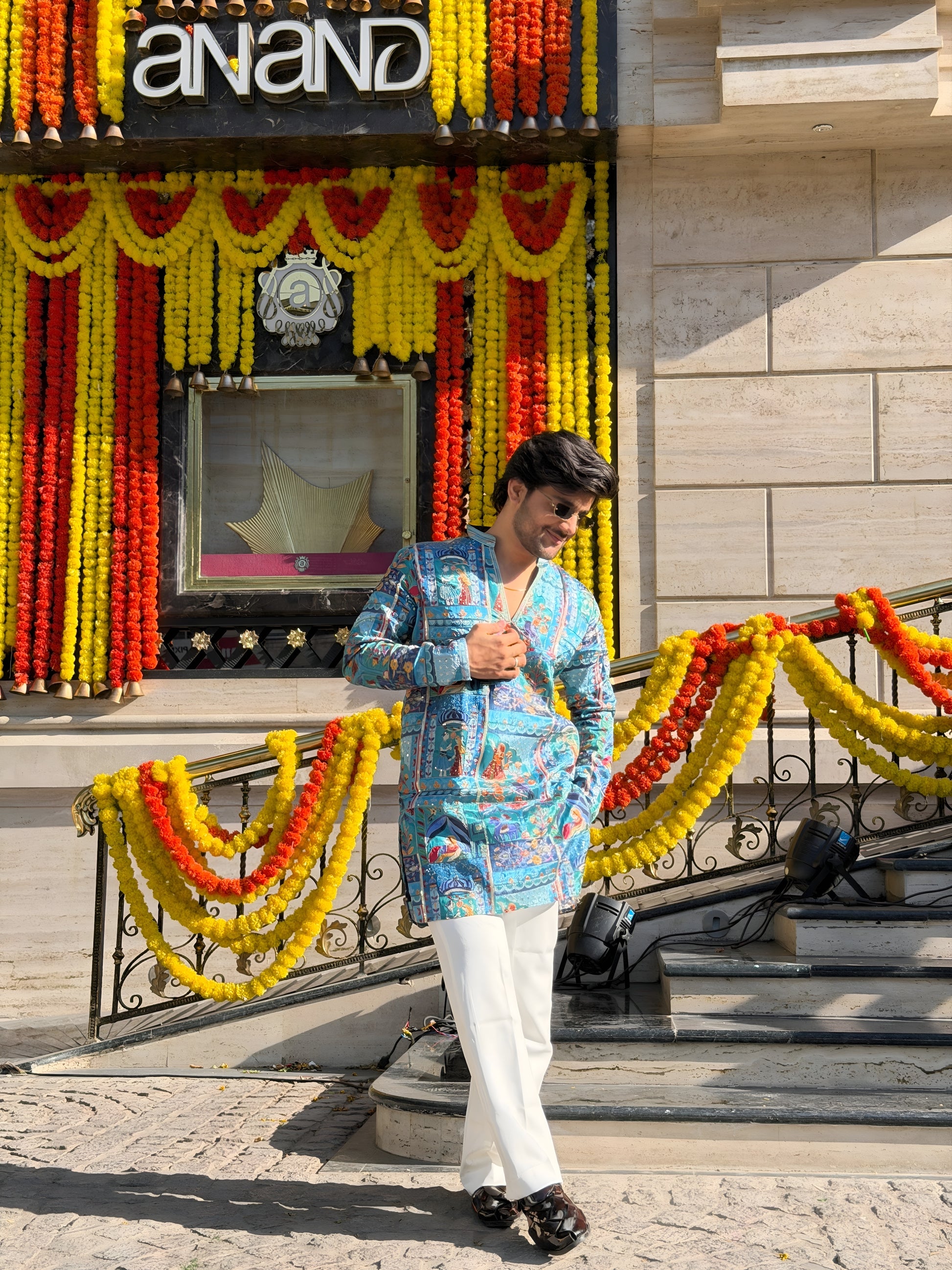 FOLK BLUE THREAD WORK V-NECK SHORT KURTA