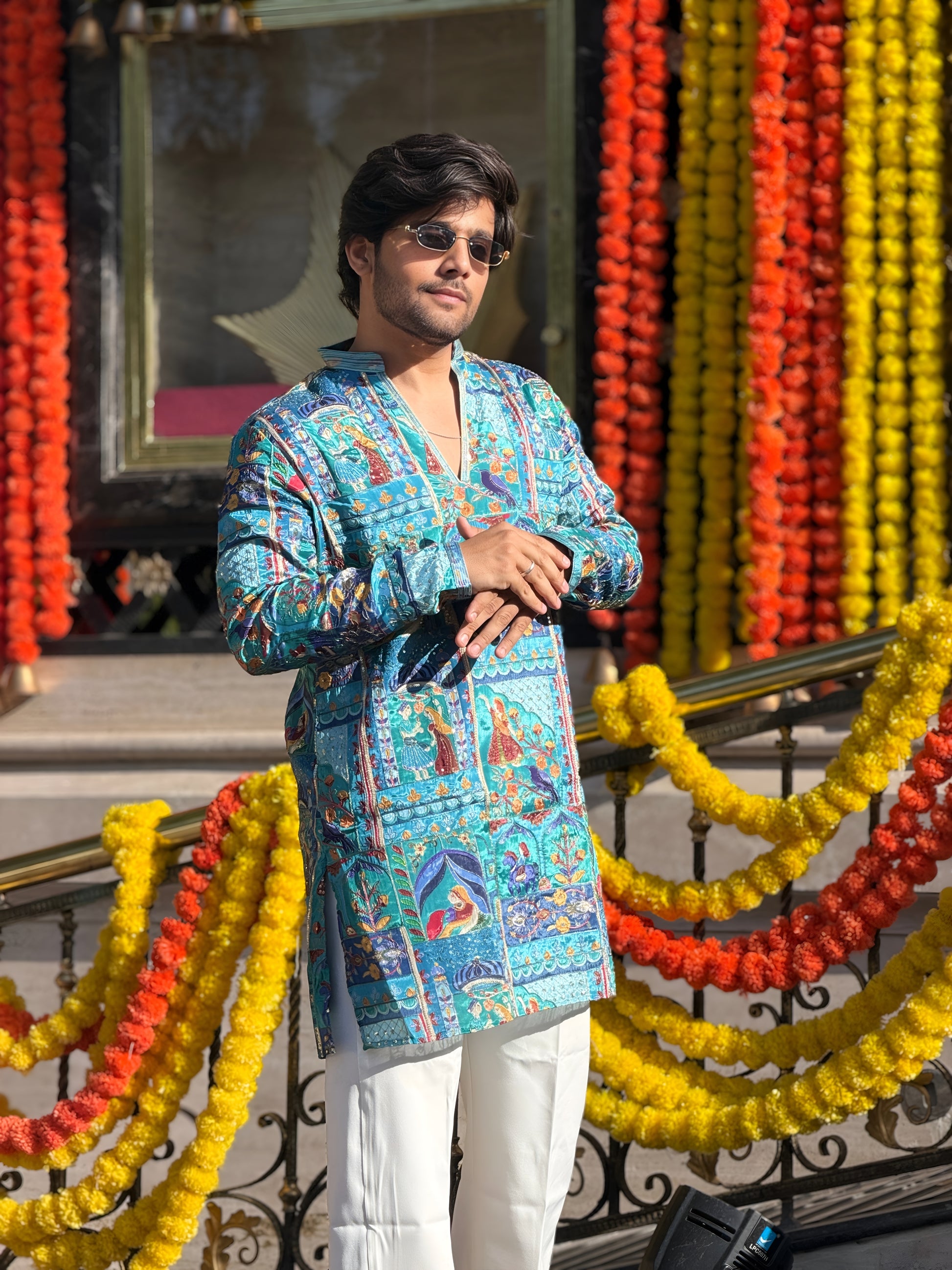 FOLK BLUE THREAD WORK V-NECK SHORT KURTA