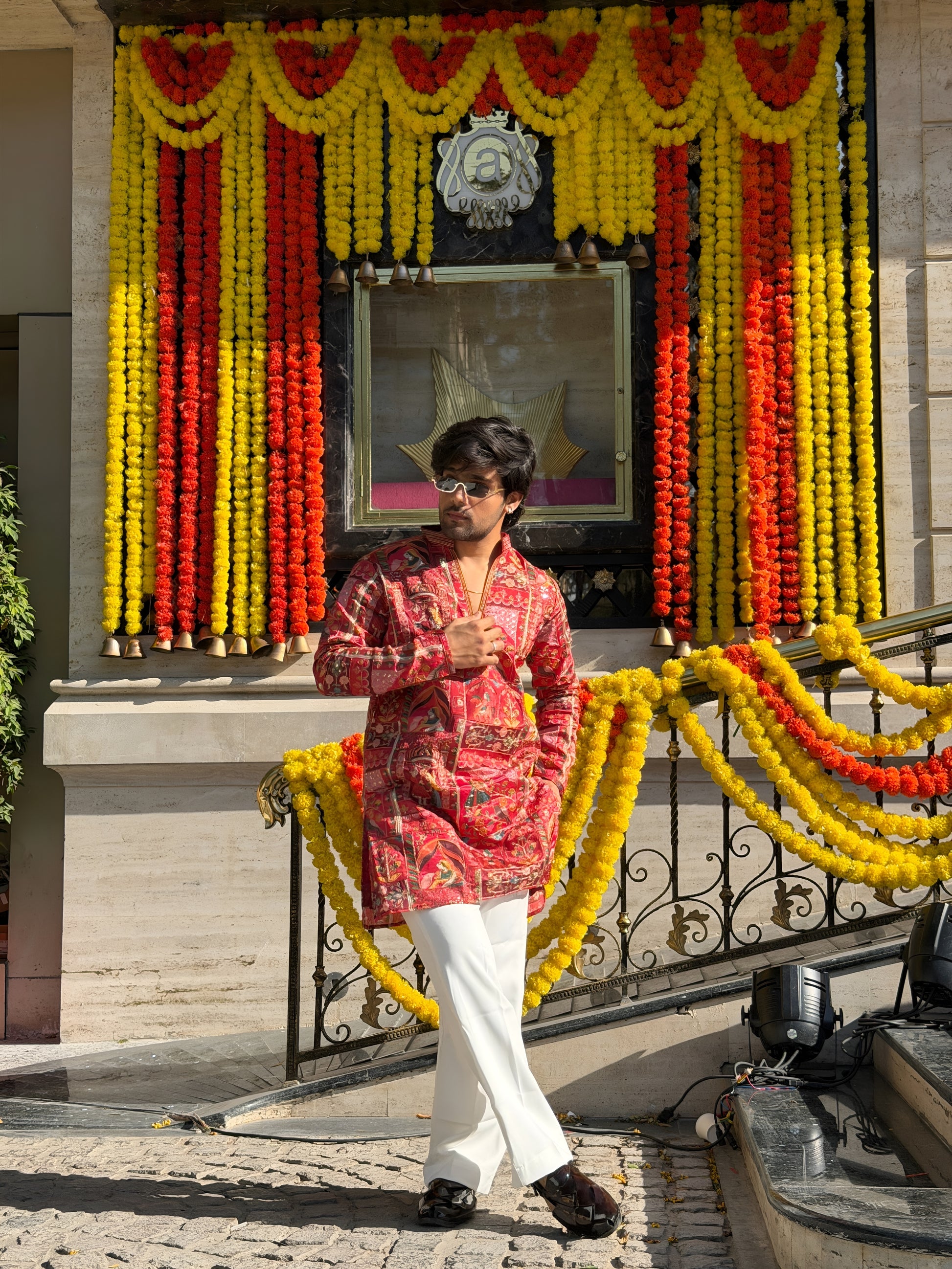 FOLK RED THREAD WORK V-NECK SHORT KURTA