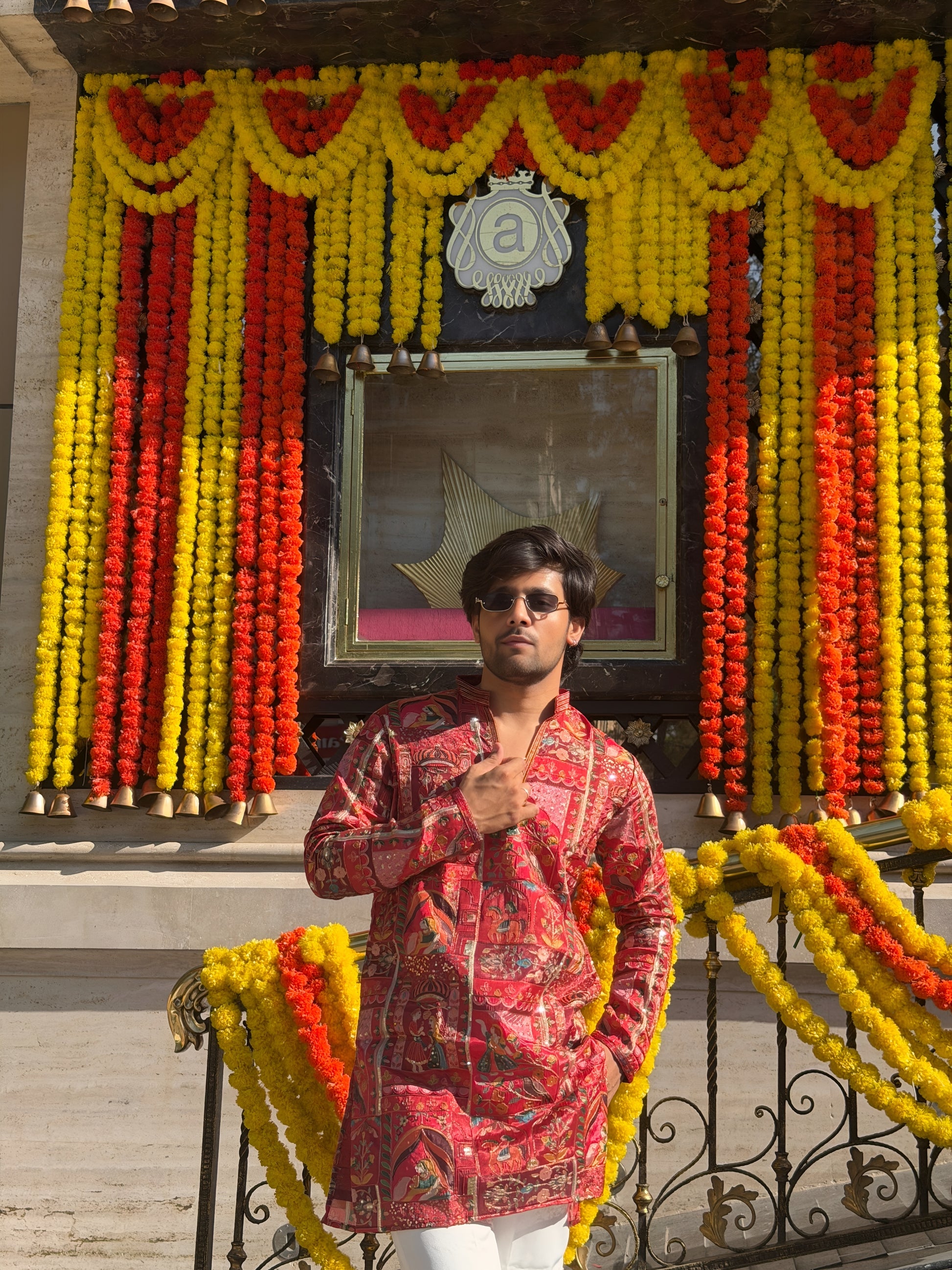 FOLK RED THREAD WORK V-NECK SHORT KURTA