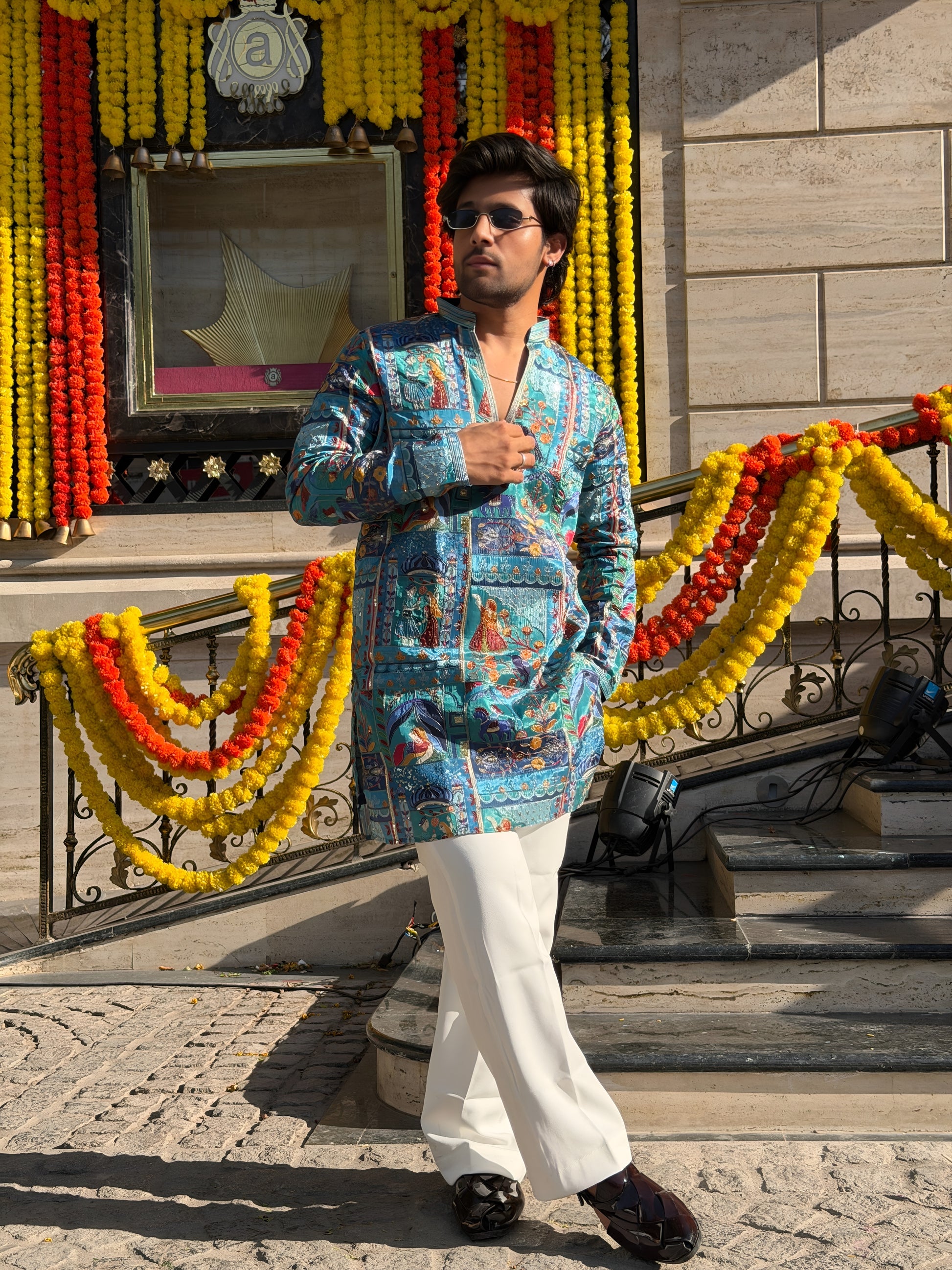 FOLK BLUE THREAD WORK V-NECK SHORT KURTA