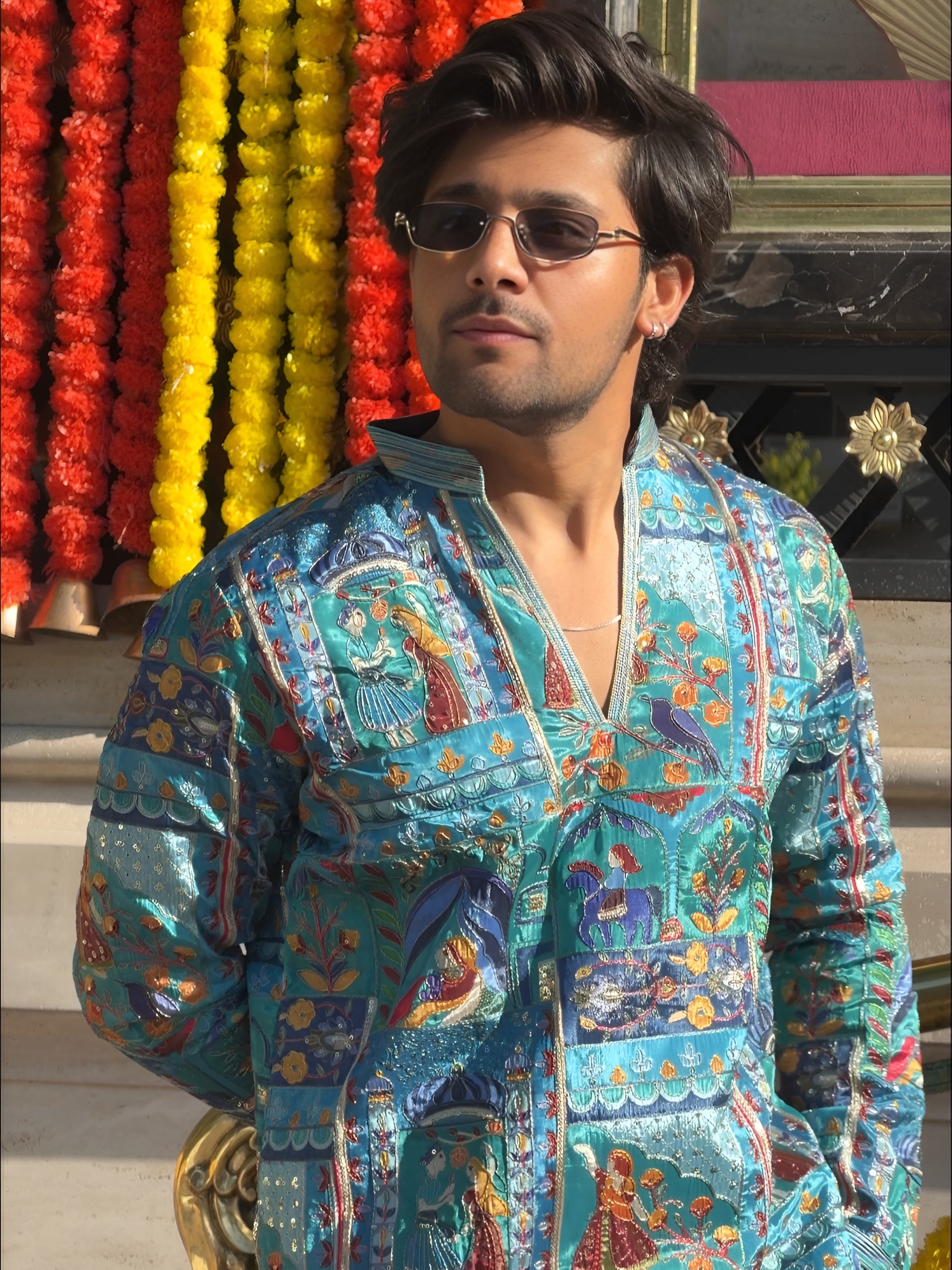 FOLK BLUE THREAD WORK V-NECK SHORT KURTA