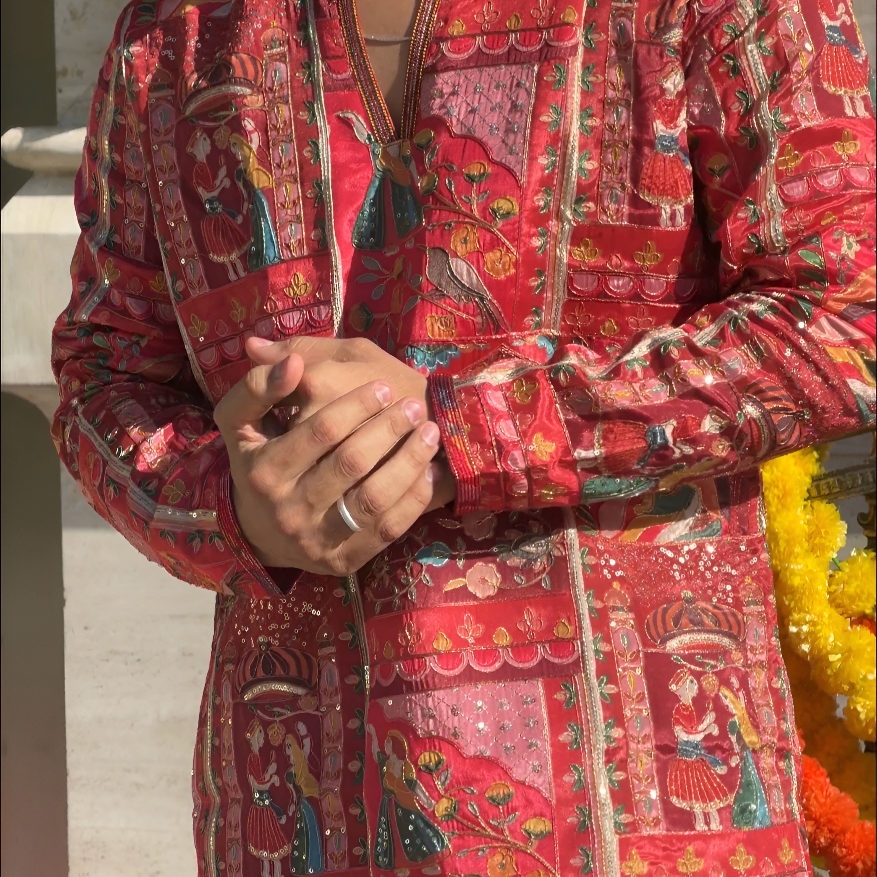 FOLK RED THREAD WORK V-NECK SHORT KURTA