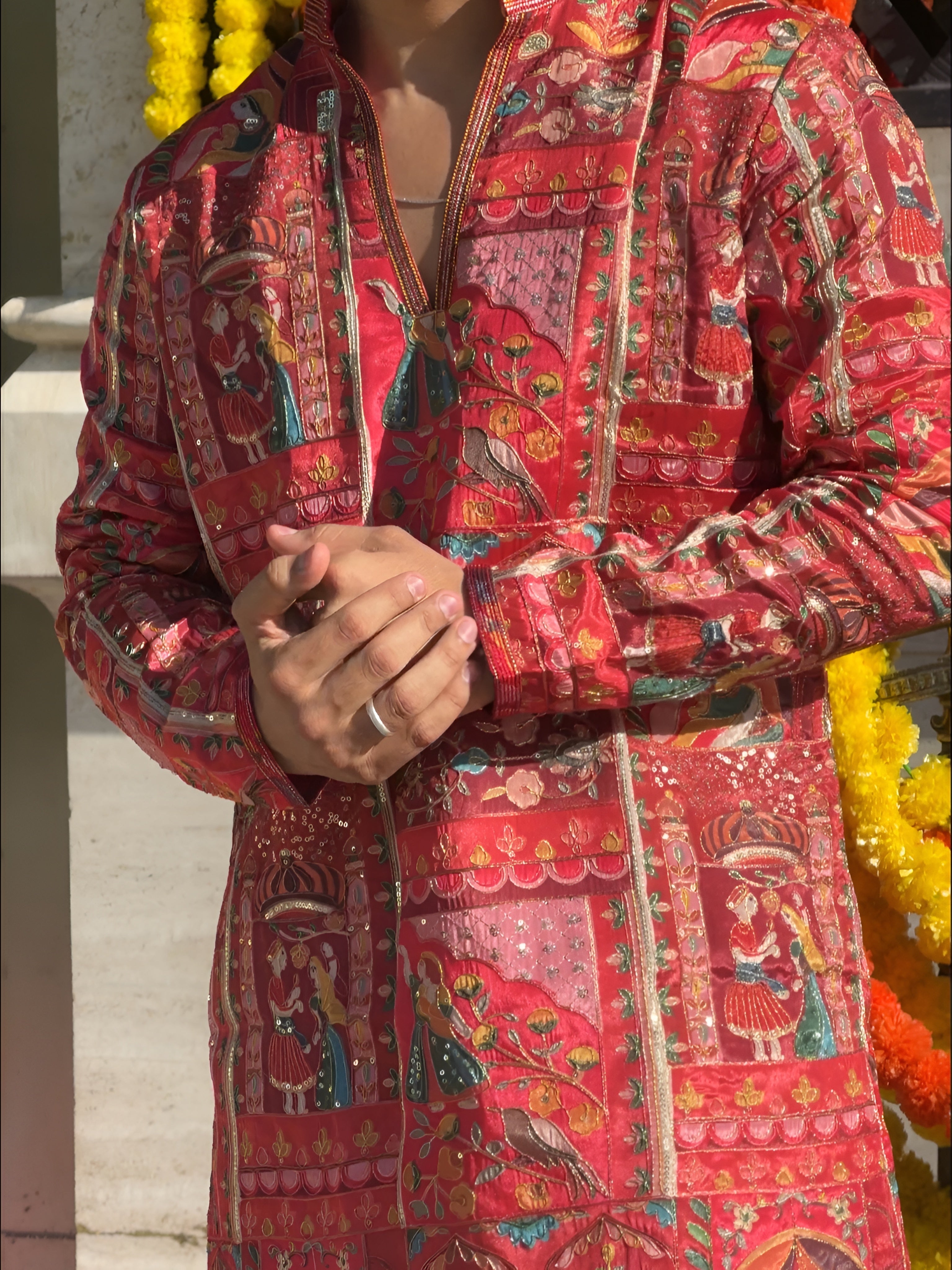 FOLK RED THREAD WORK V-NECK SHORT KURTA
