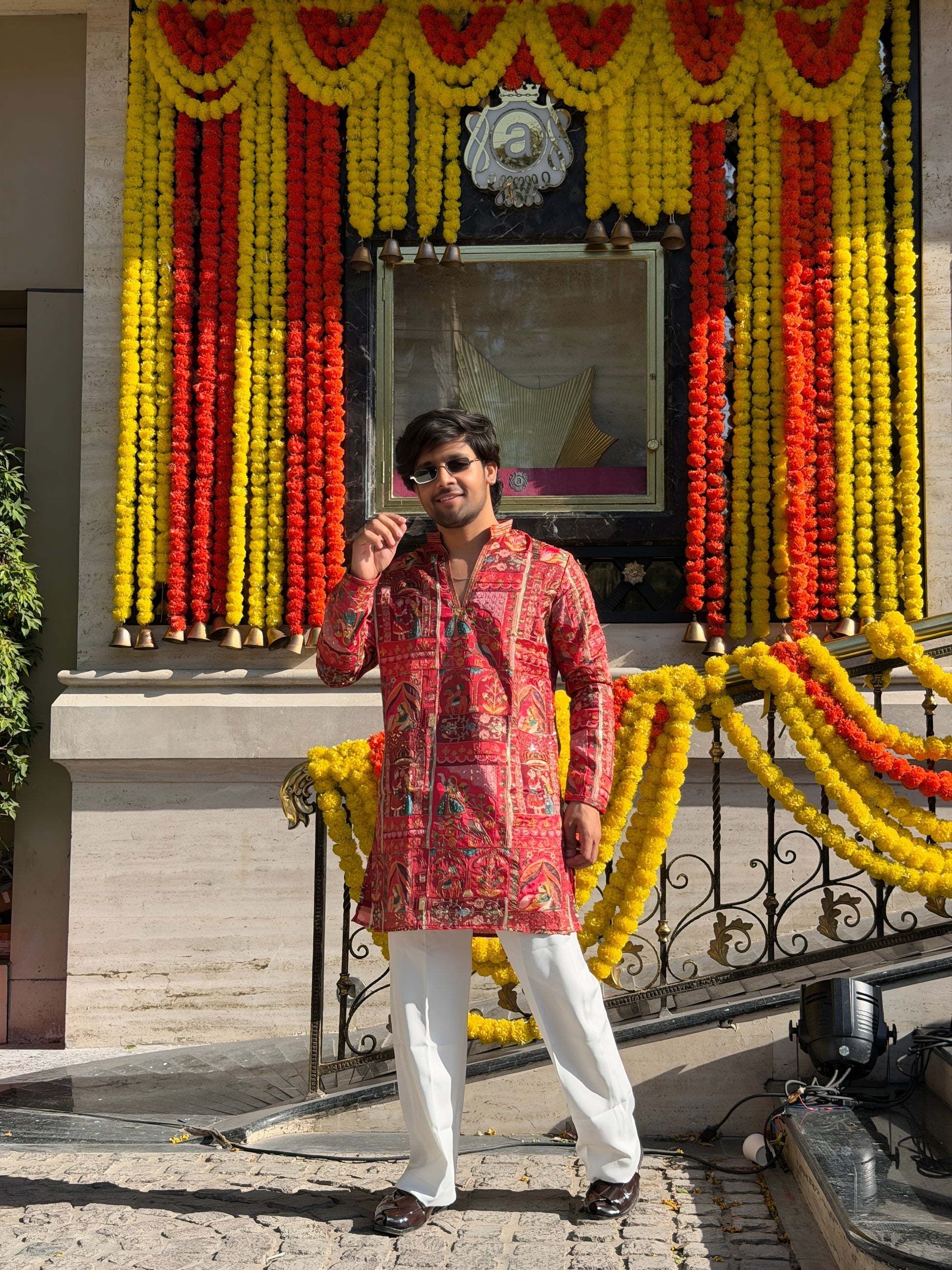 FOLK RED THREAD WORK V-NECK SHORT KURTA