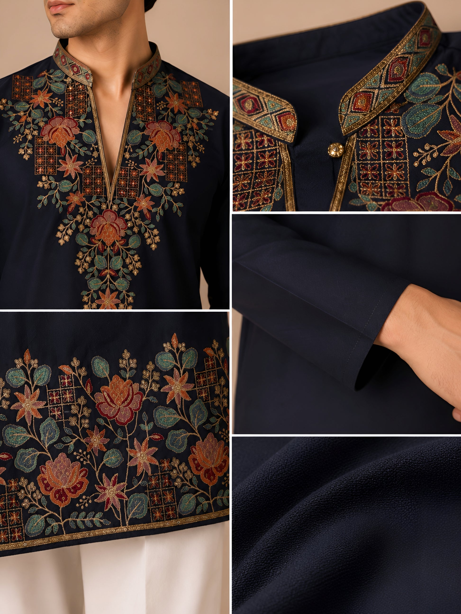 Royal Navy V-Neck Embroidered Men’s Kurta