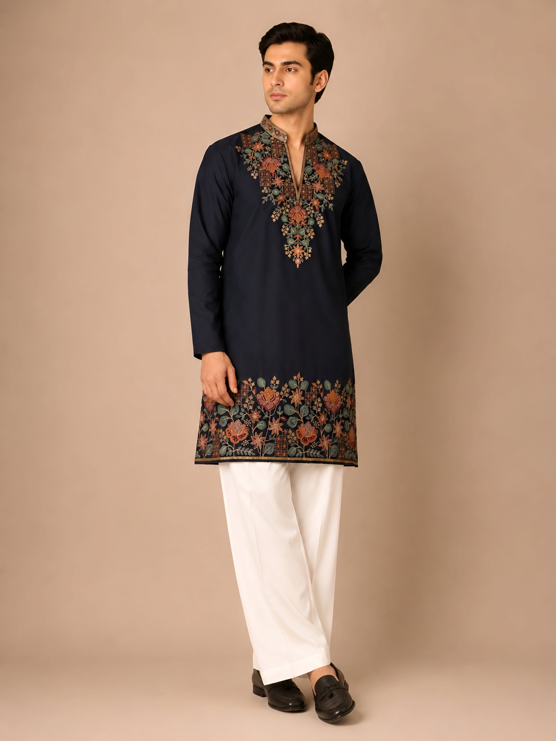 Royal Navy V-Neck Embroidered Men’s Kurta