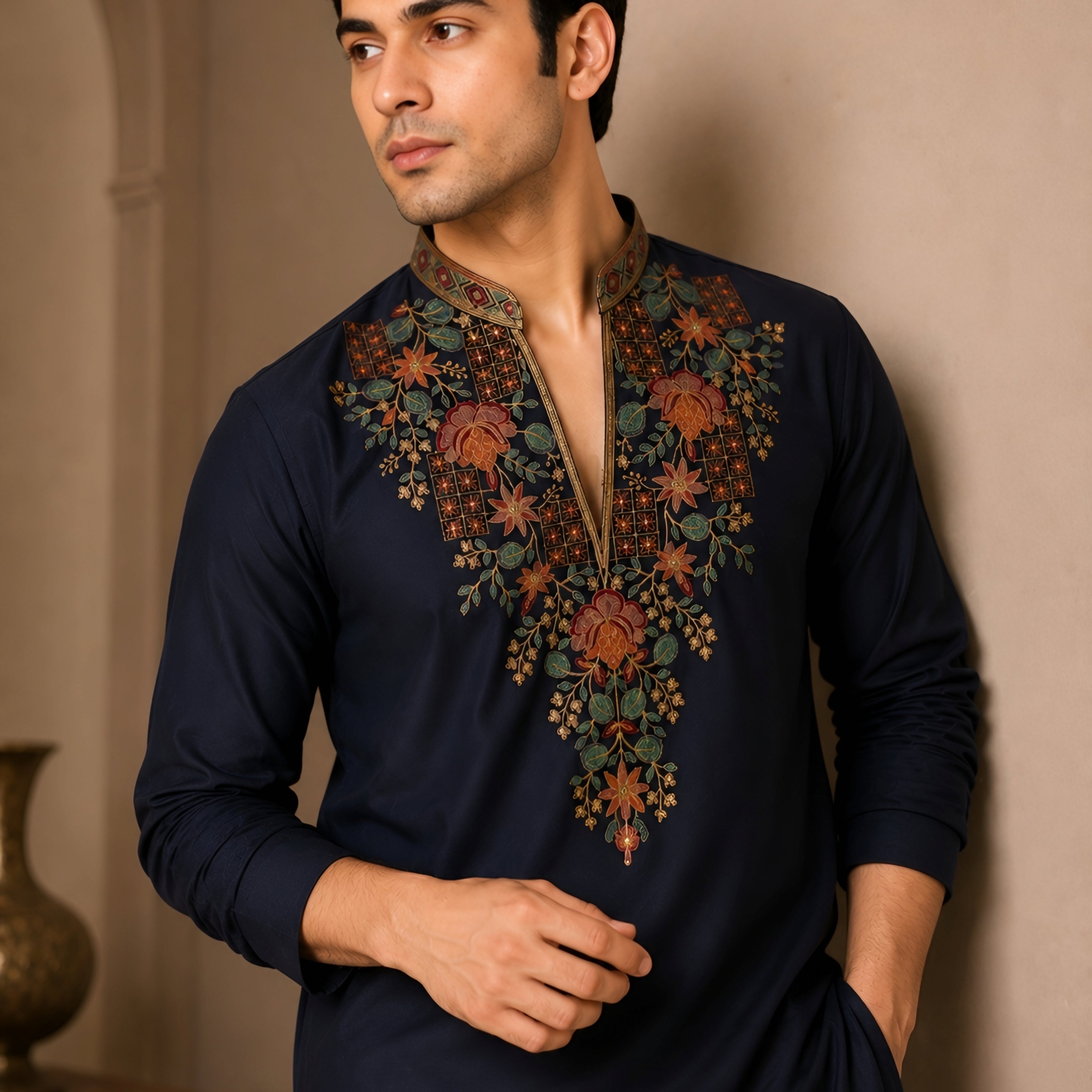 Royal Navy V-Neck Embroidered Men’s Kurta