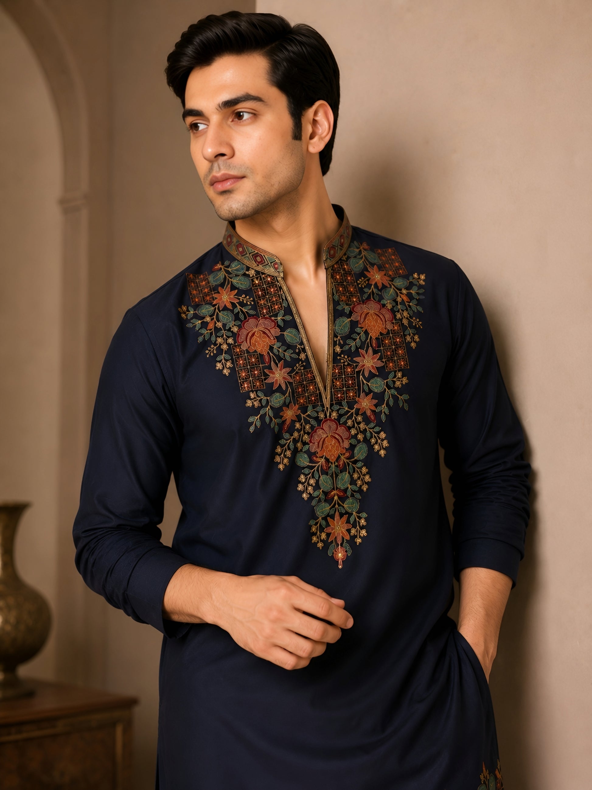 Royal Navy V-Neck Embroidered Men’s Kurta