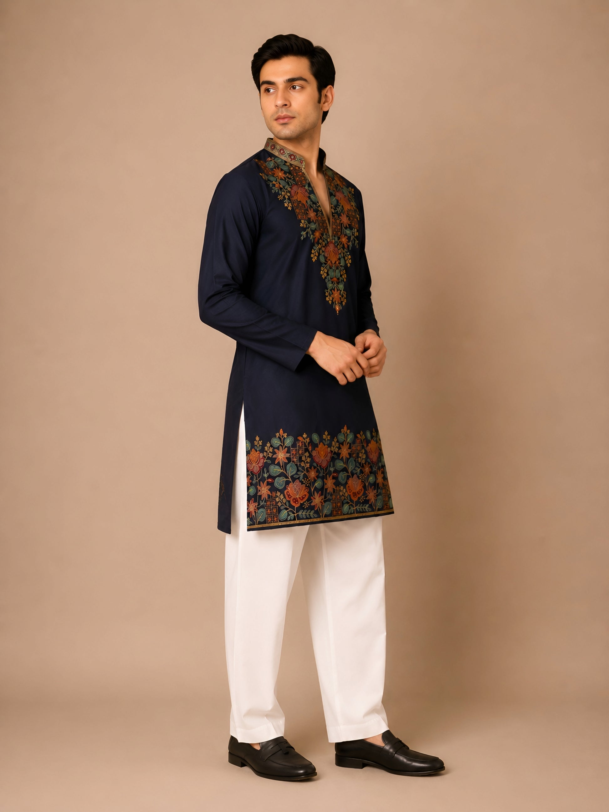 Royal Navy V-Neck Embroidered Men’s Kurta